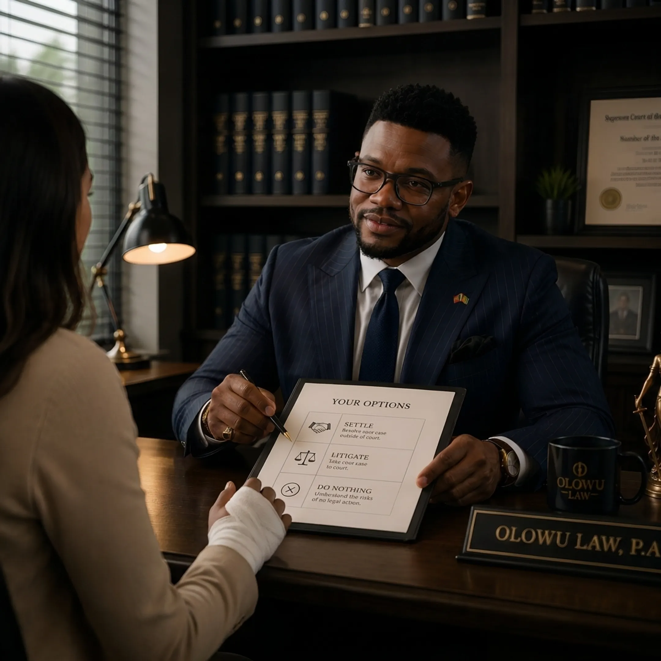 Attorney explaining a personal injury claim to a client at a desk