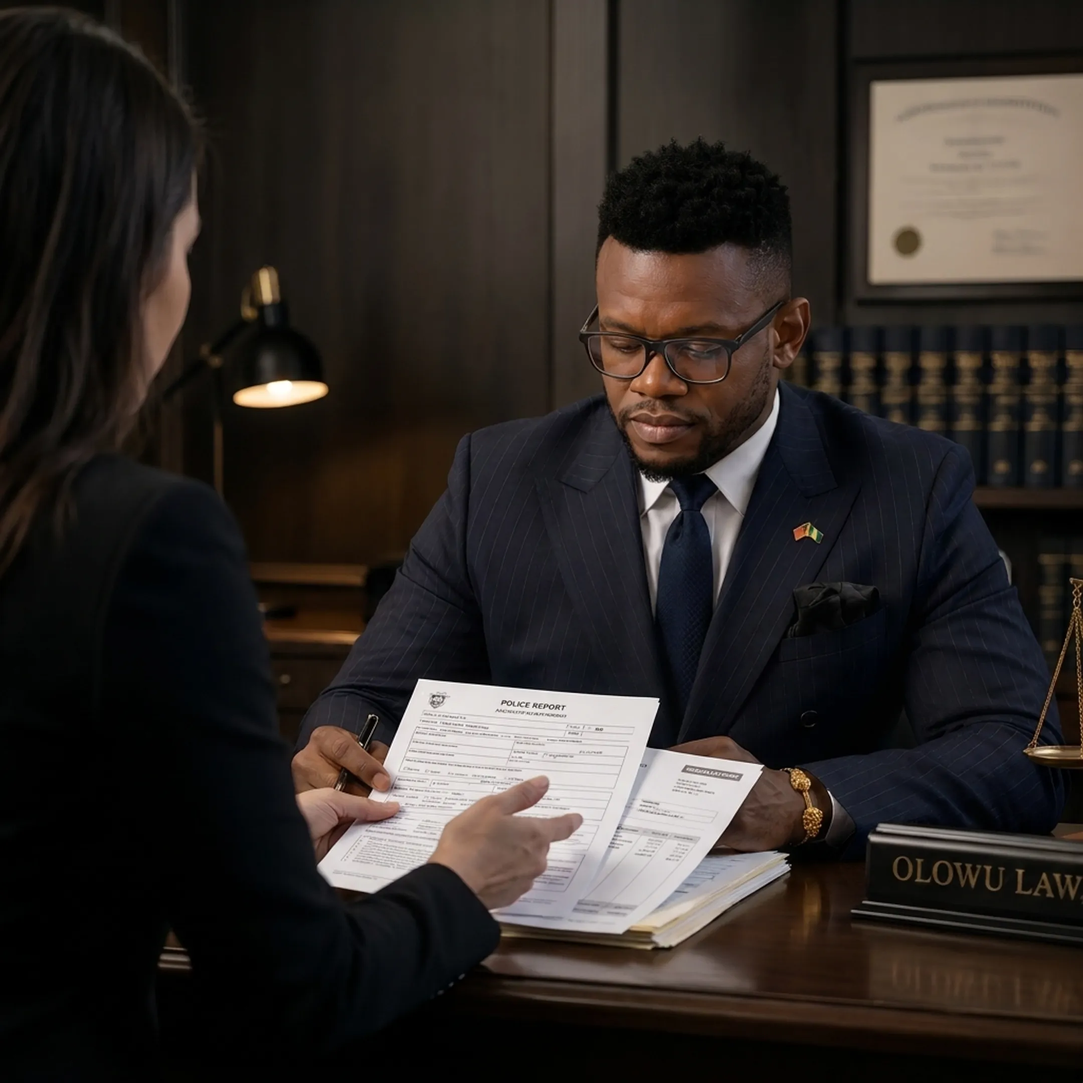South Florida personal injury attorney consulting with an injured client in a law office