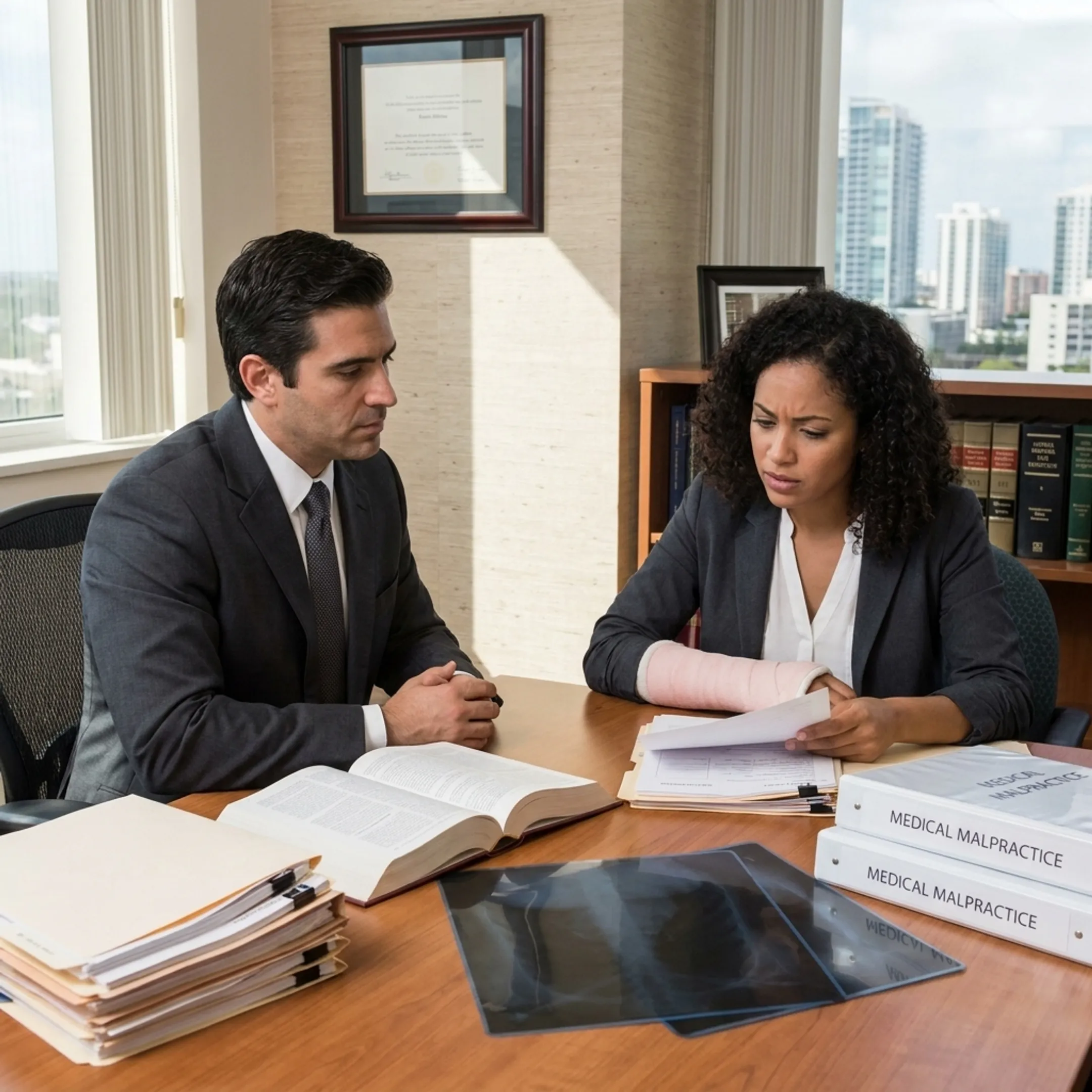 Attorney reviewing medical malpractice case documents with a client