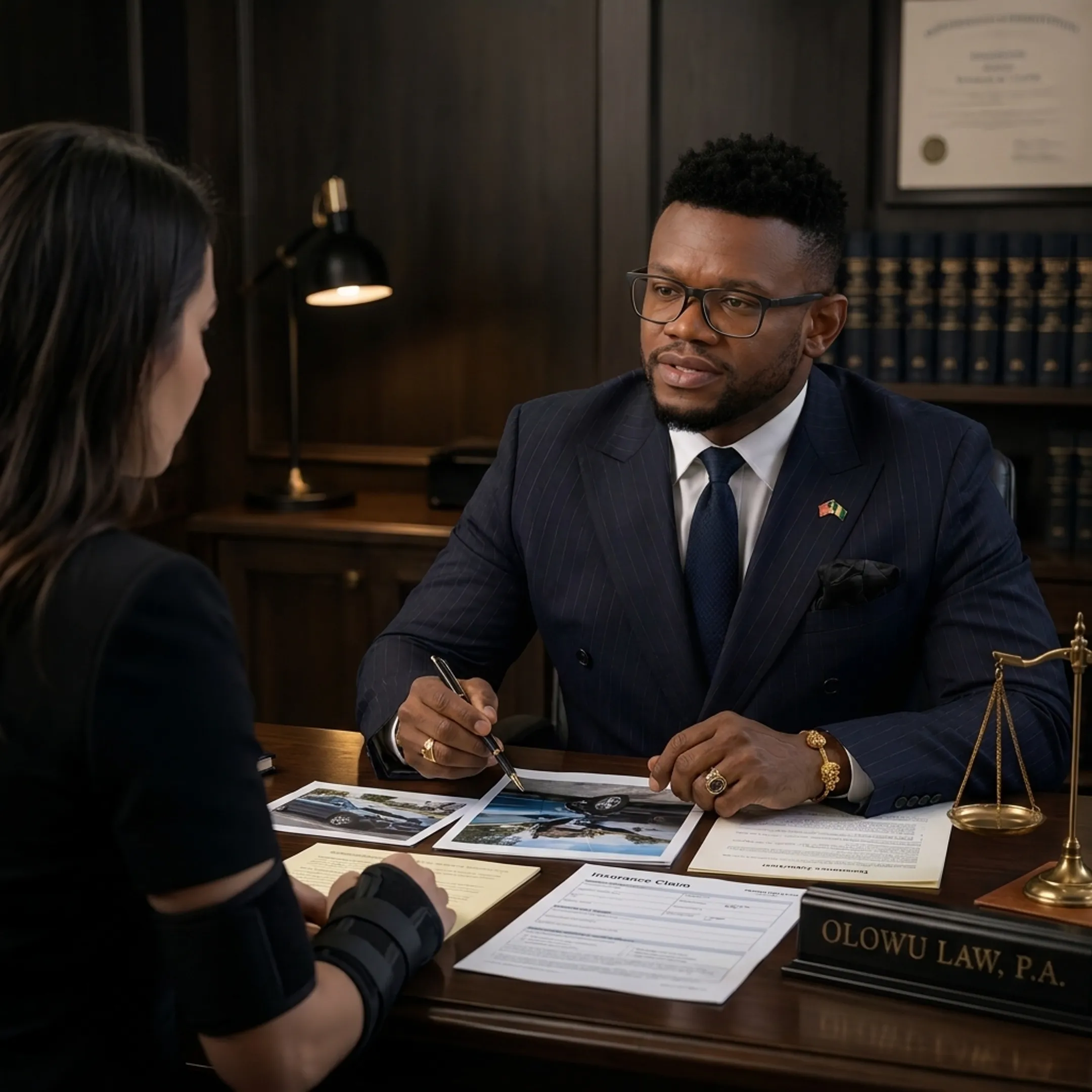 Personal injury lawyer discussing accident claim documents with a client