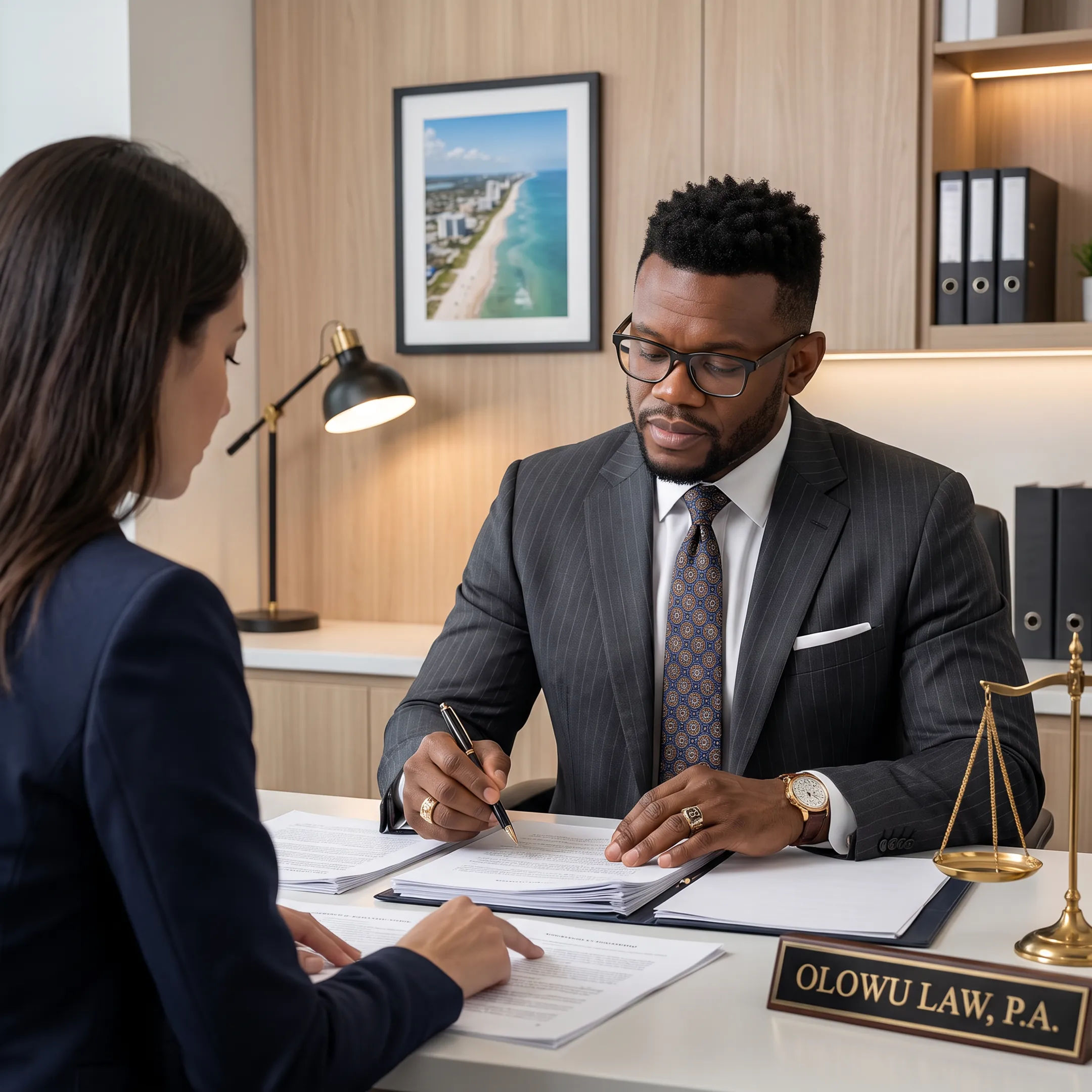 Criminal defense attorney meeting with a client in a Florida law office
