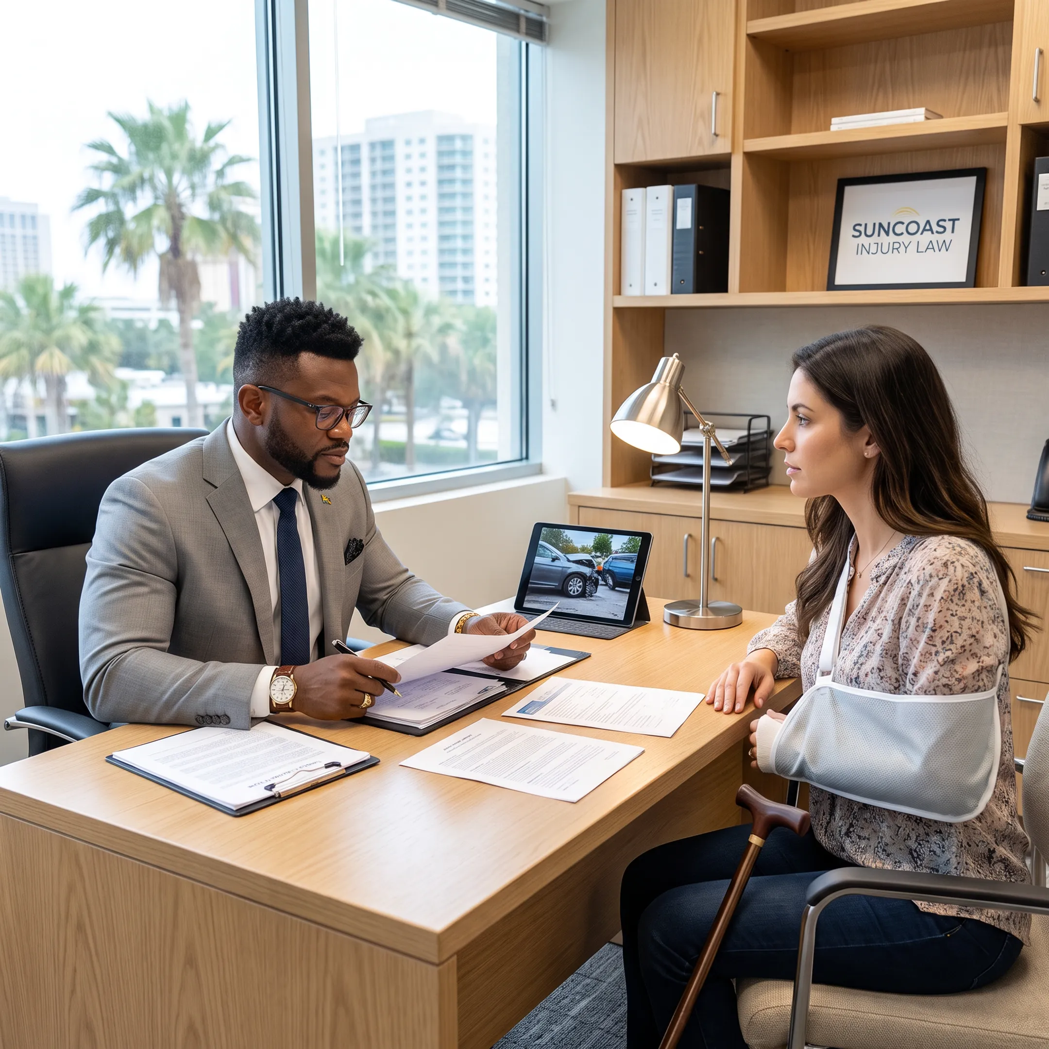 Attorney reviewing a car accident claim with an injured client in a Florida office