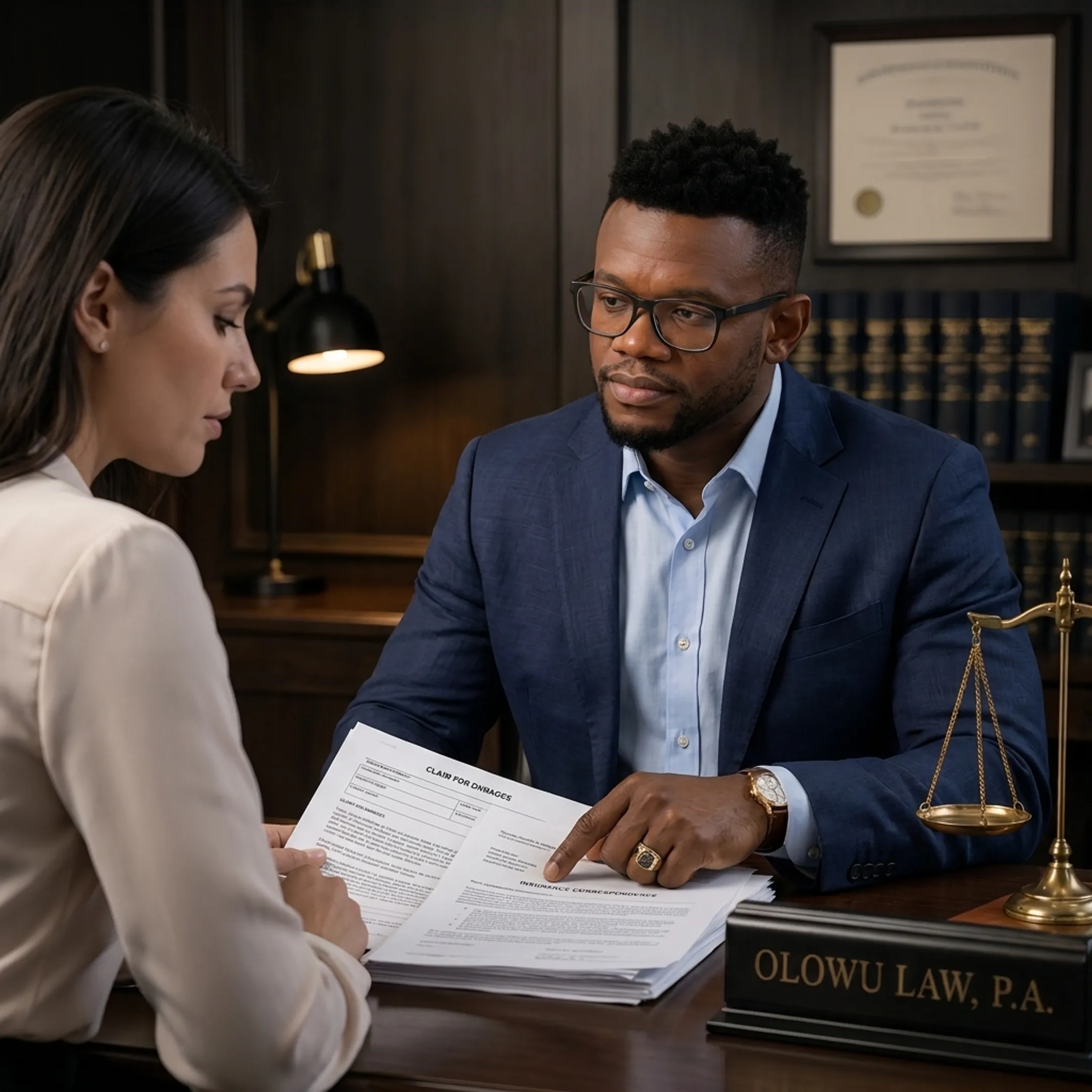 Attorney explaining personal injury claim documents to a client