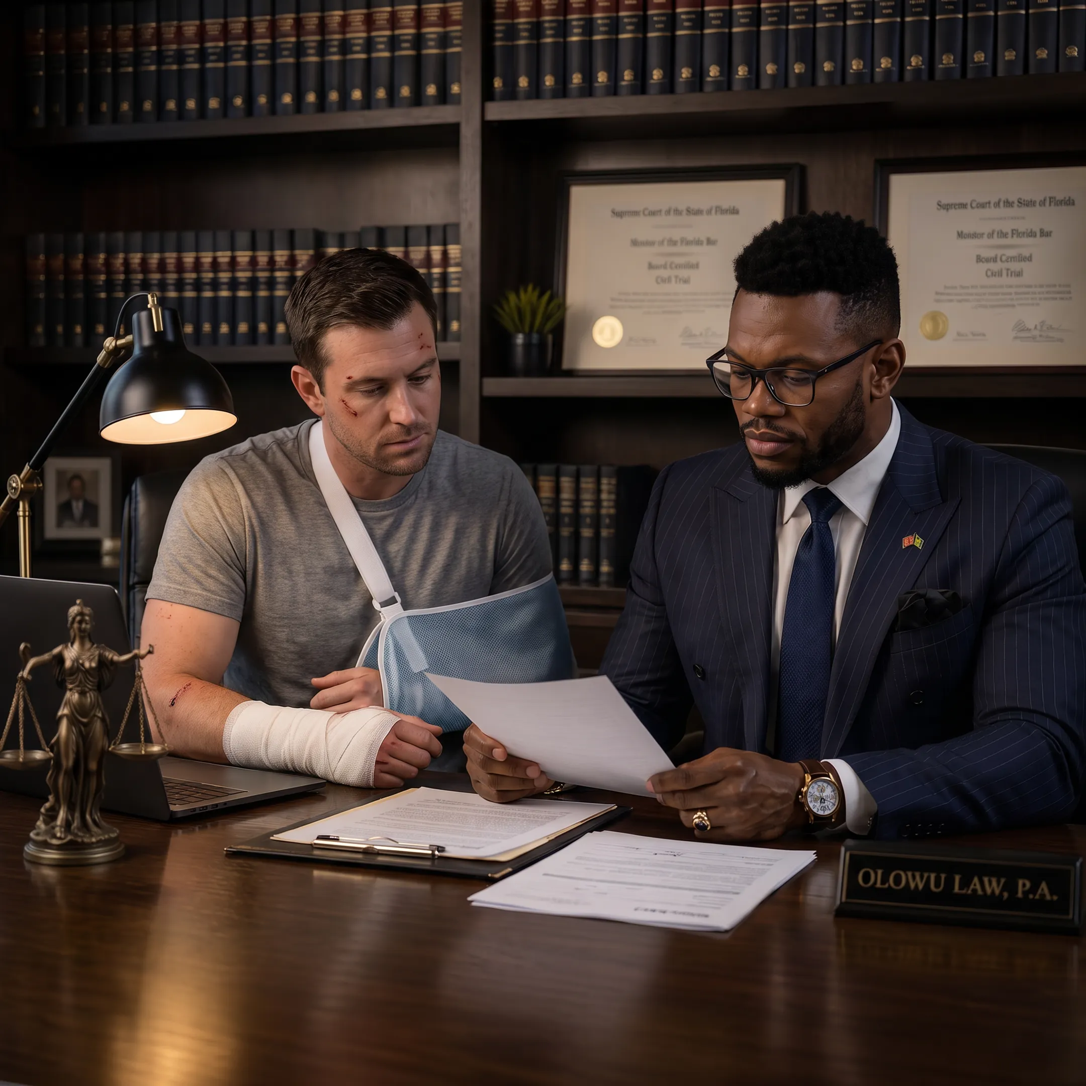 Personal injury attorney consulting with an injured client in a Florida law office