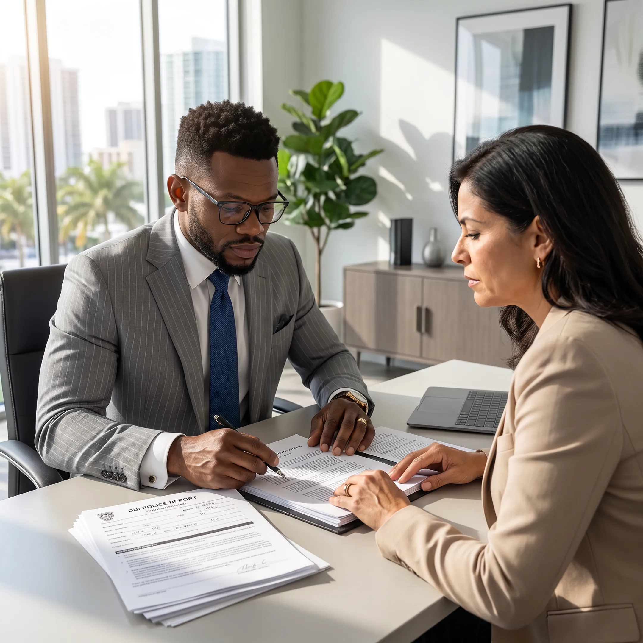 DUI defense attorney reviewing case documents with a client in a Miami law office