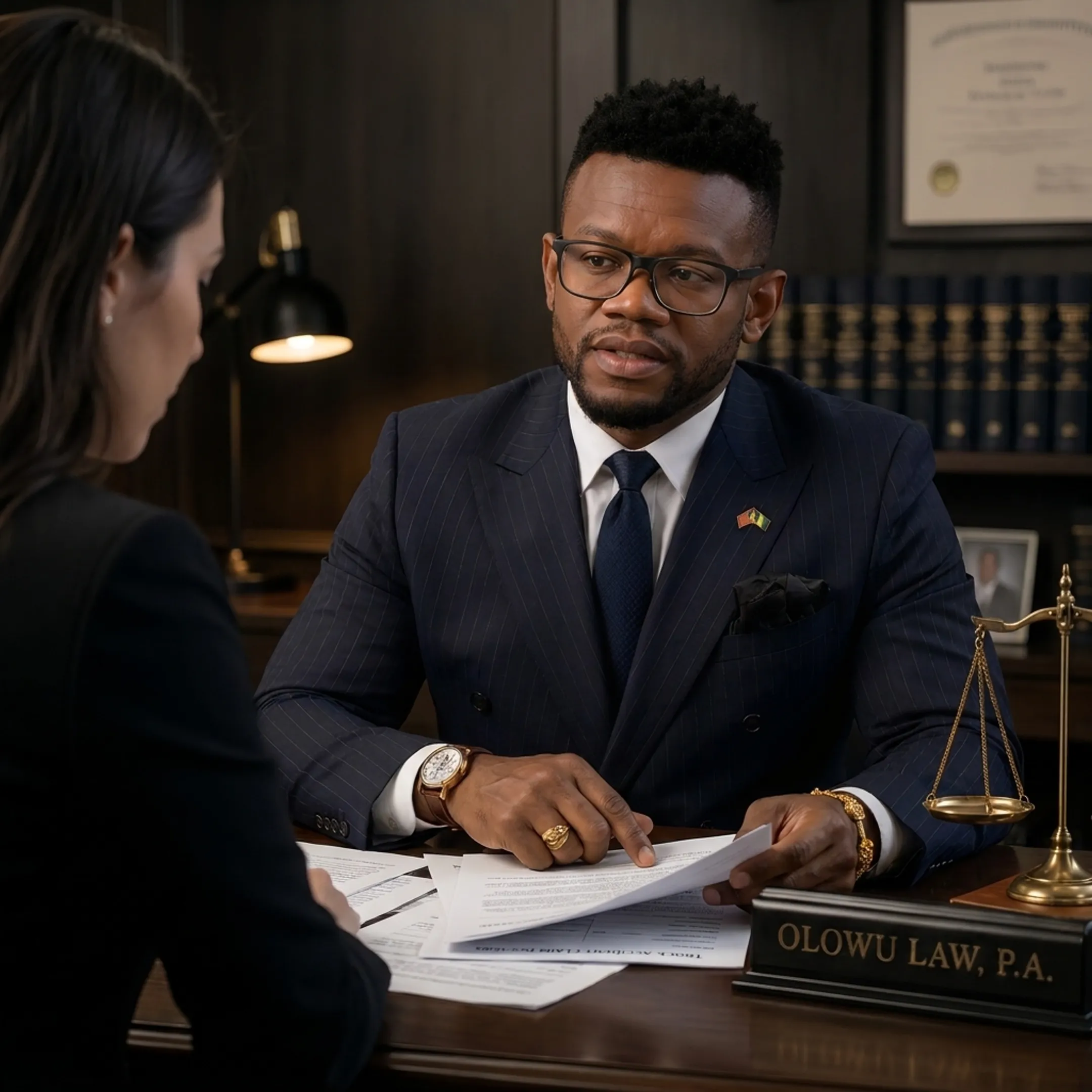 Attorney discussing truck accident claim documents with a client