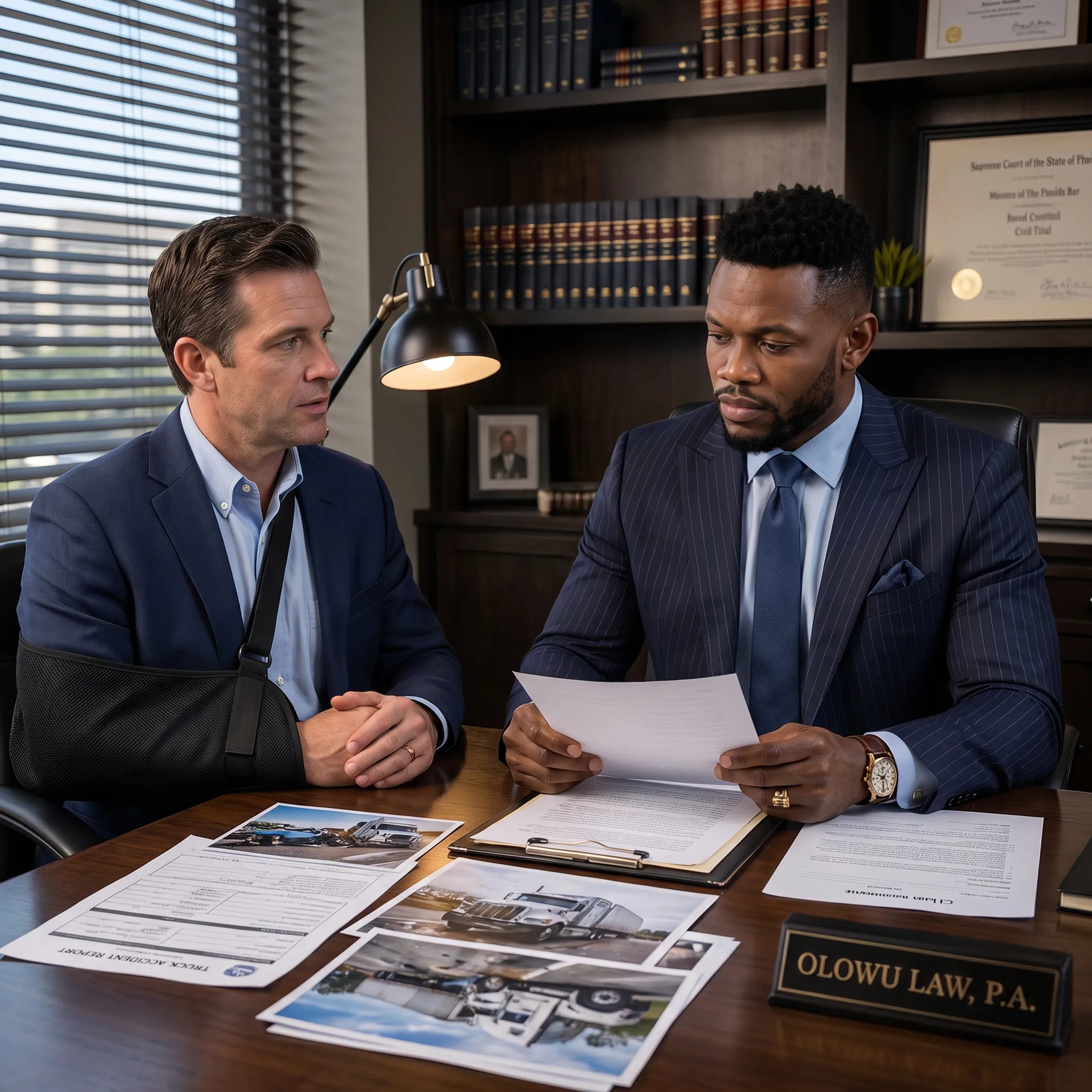 Attorney reviewing a truck accident case with an injured client in a Florida office
