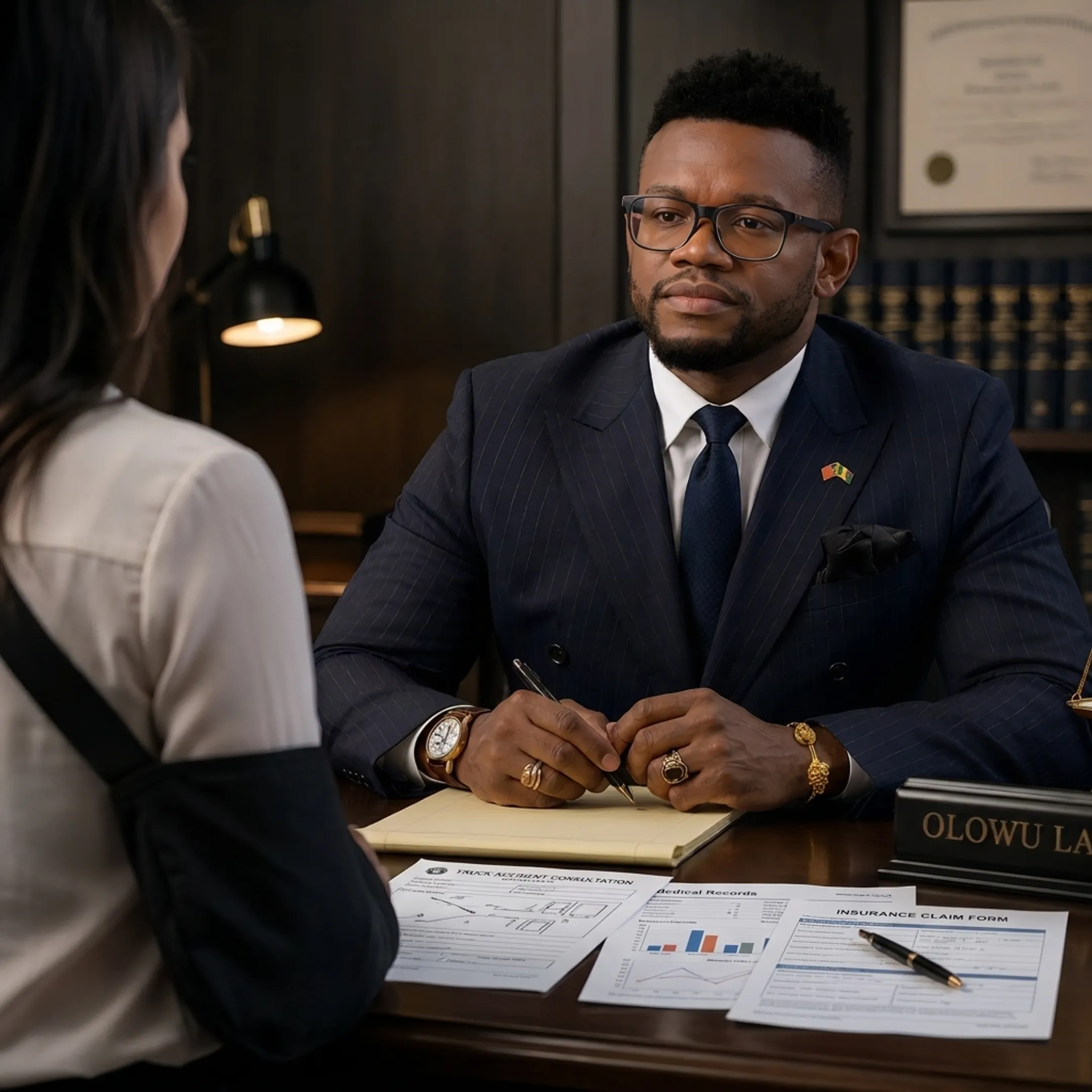 Attorney consulting with an injured truck accident client in a Florida office