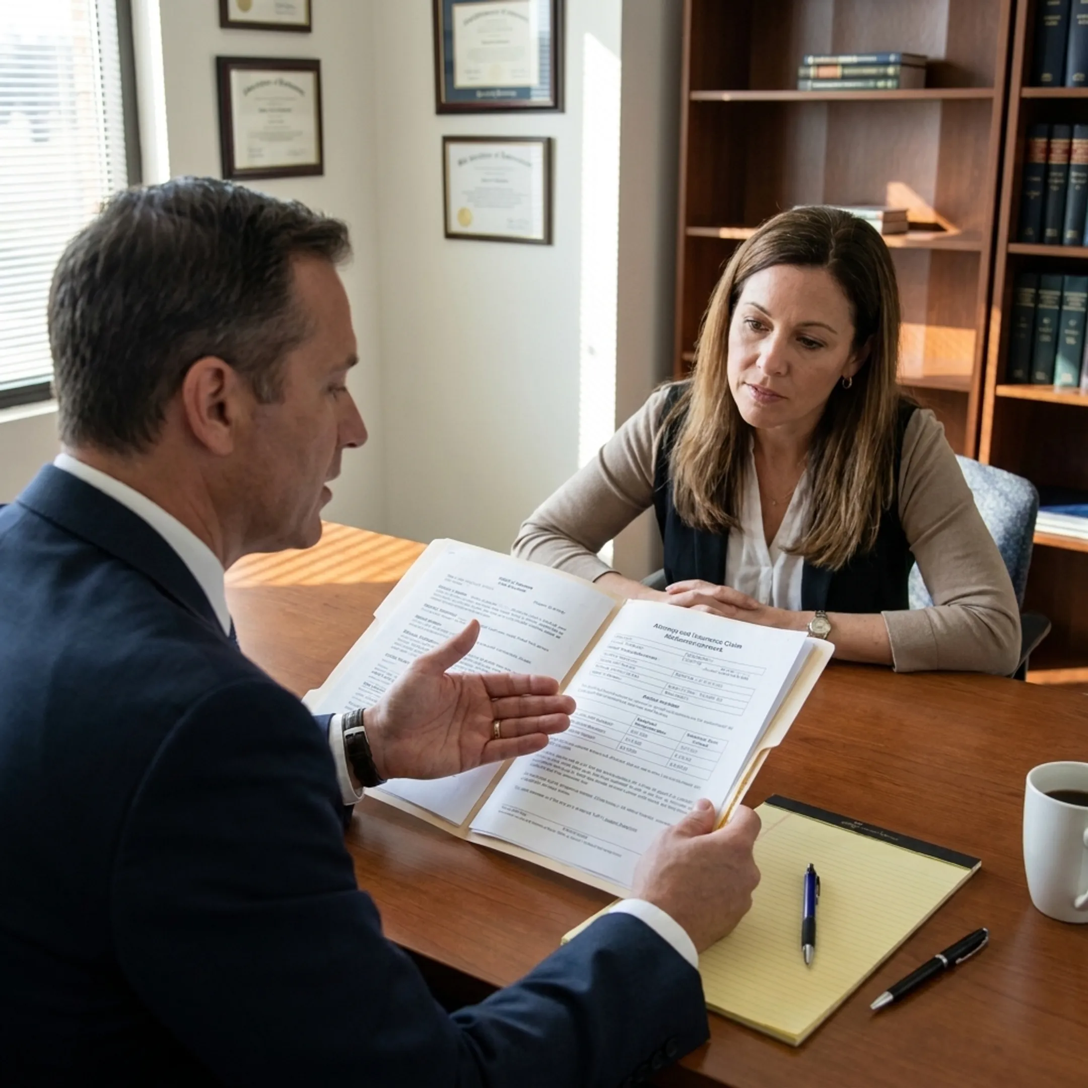Attorney discussing an injury claim with a client and reviewing legal documents