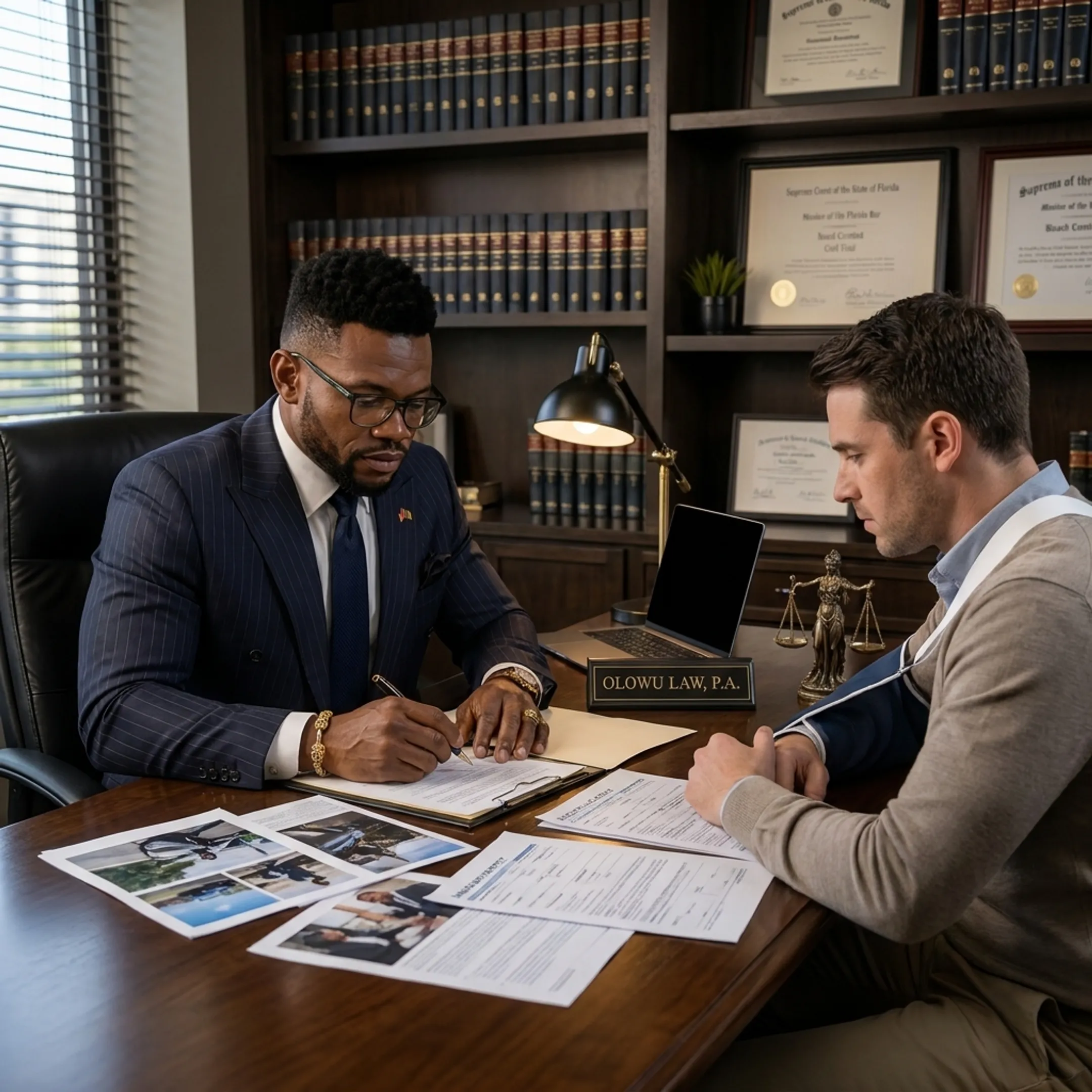 Personal injury attorney consulting with an injured client in a Florida law office
