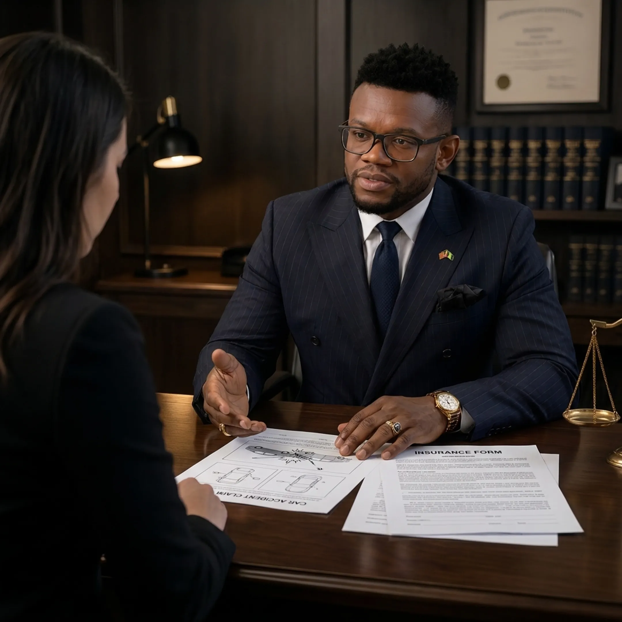 Attorney discussing accident claim documents with an injured client
