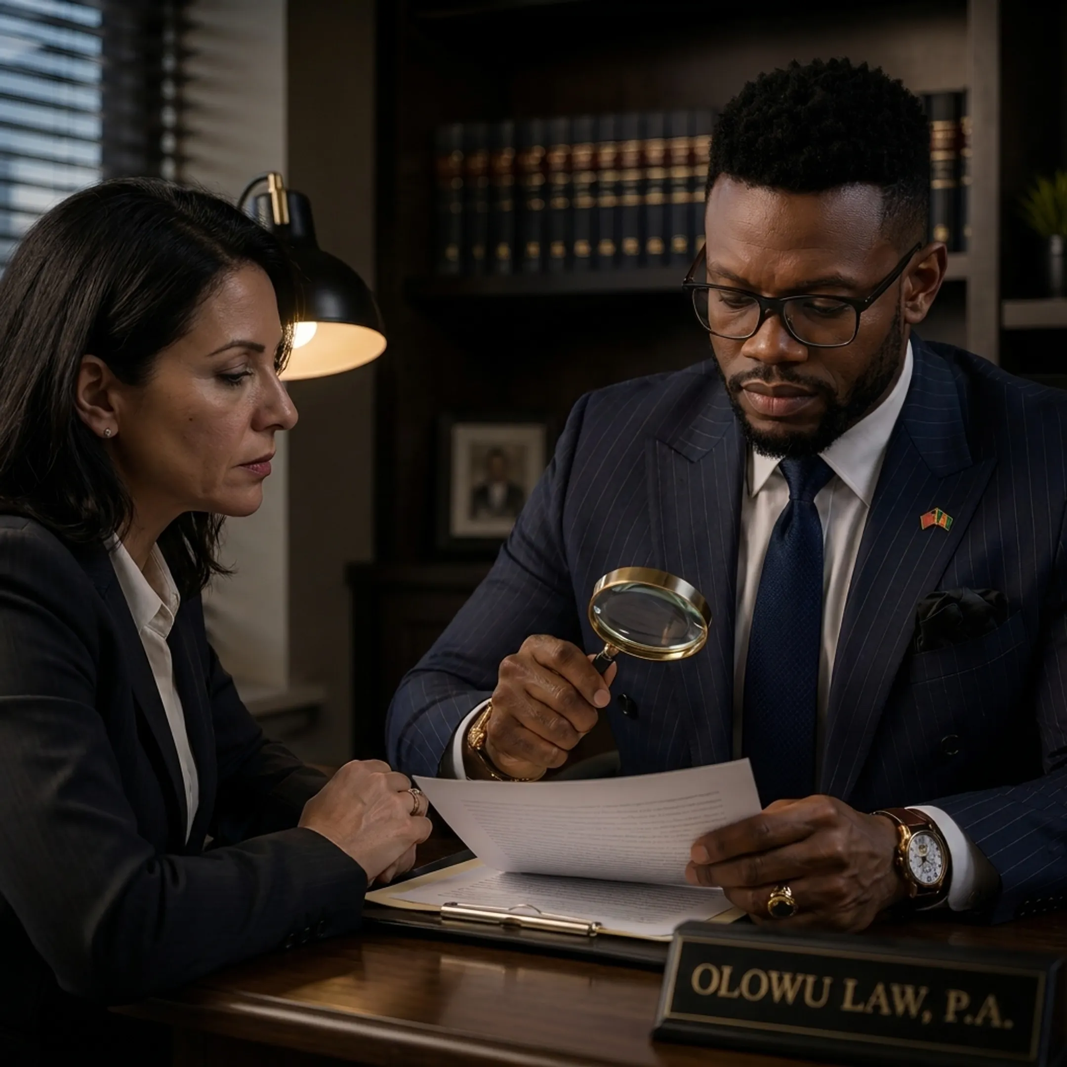 Personal injury attorney reviewing a car accident case with a client in a Florida law office