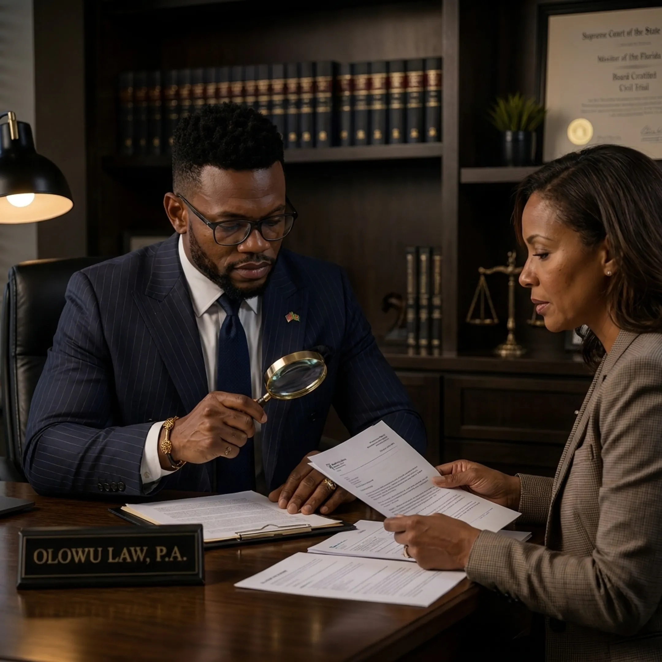 Attorney reviewing medical malpractice documents with an injured patient
