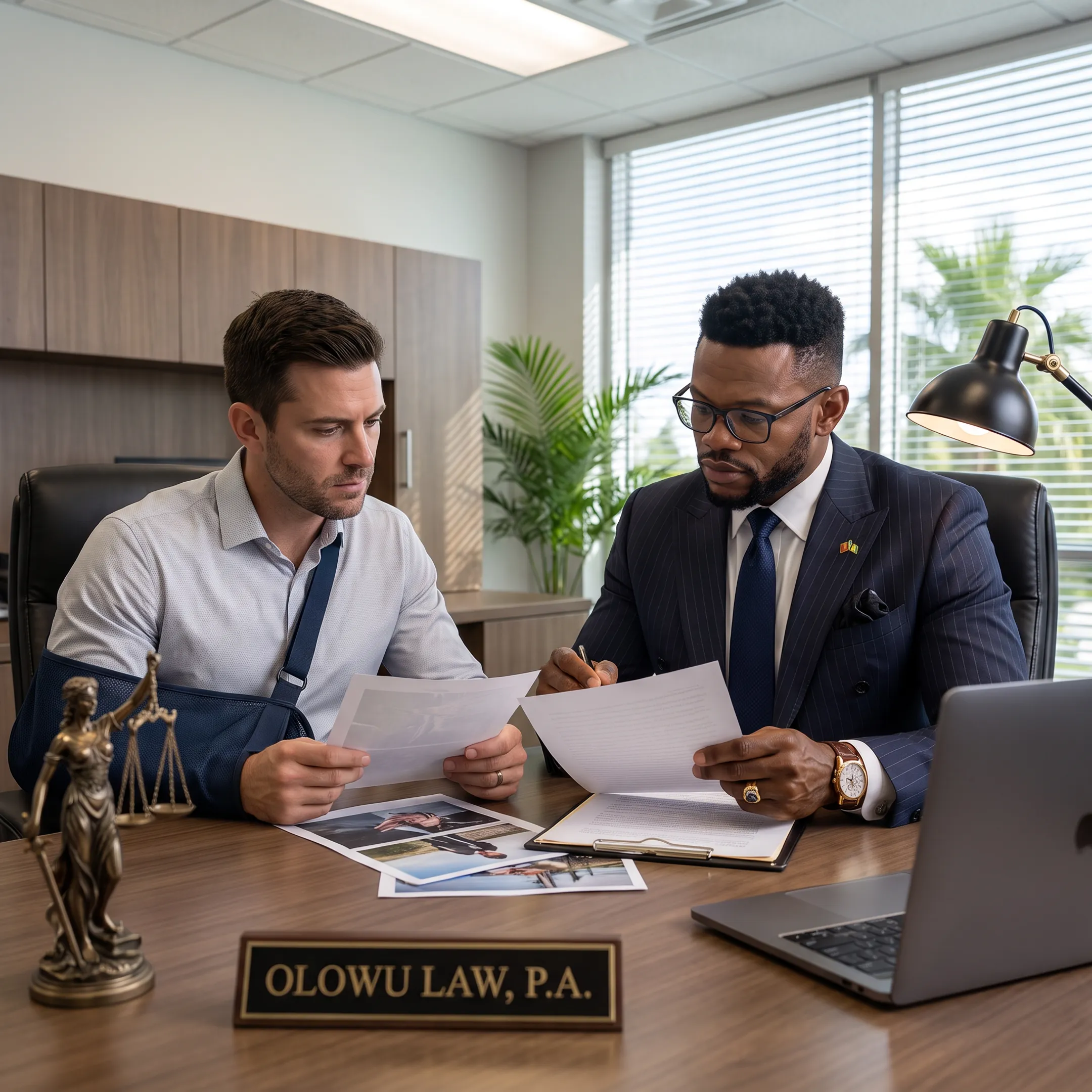 Personal injury attorney consulting with an injured client in a Florida law office