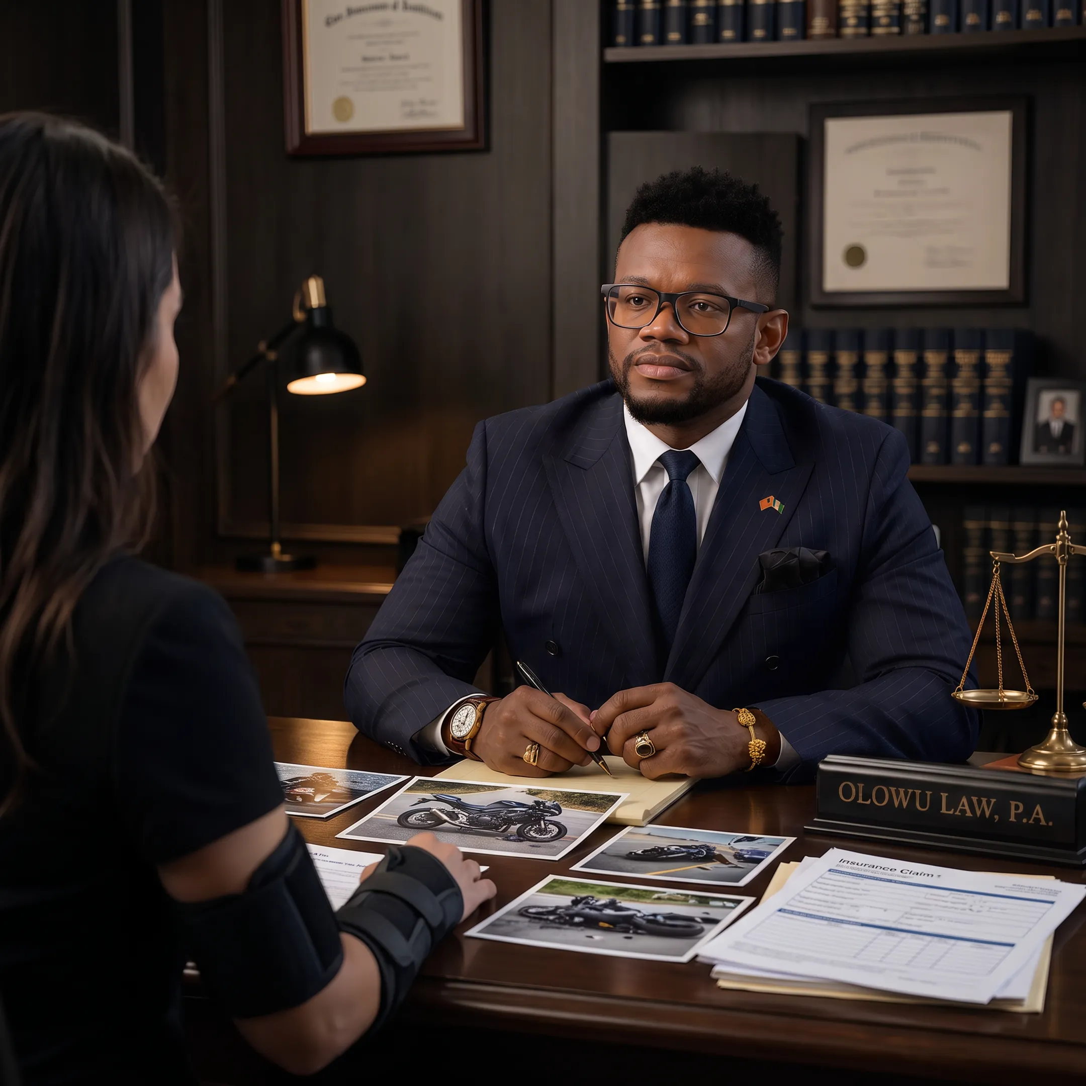 Attorney reviewing a motorcycle accident case with an injured client