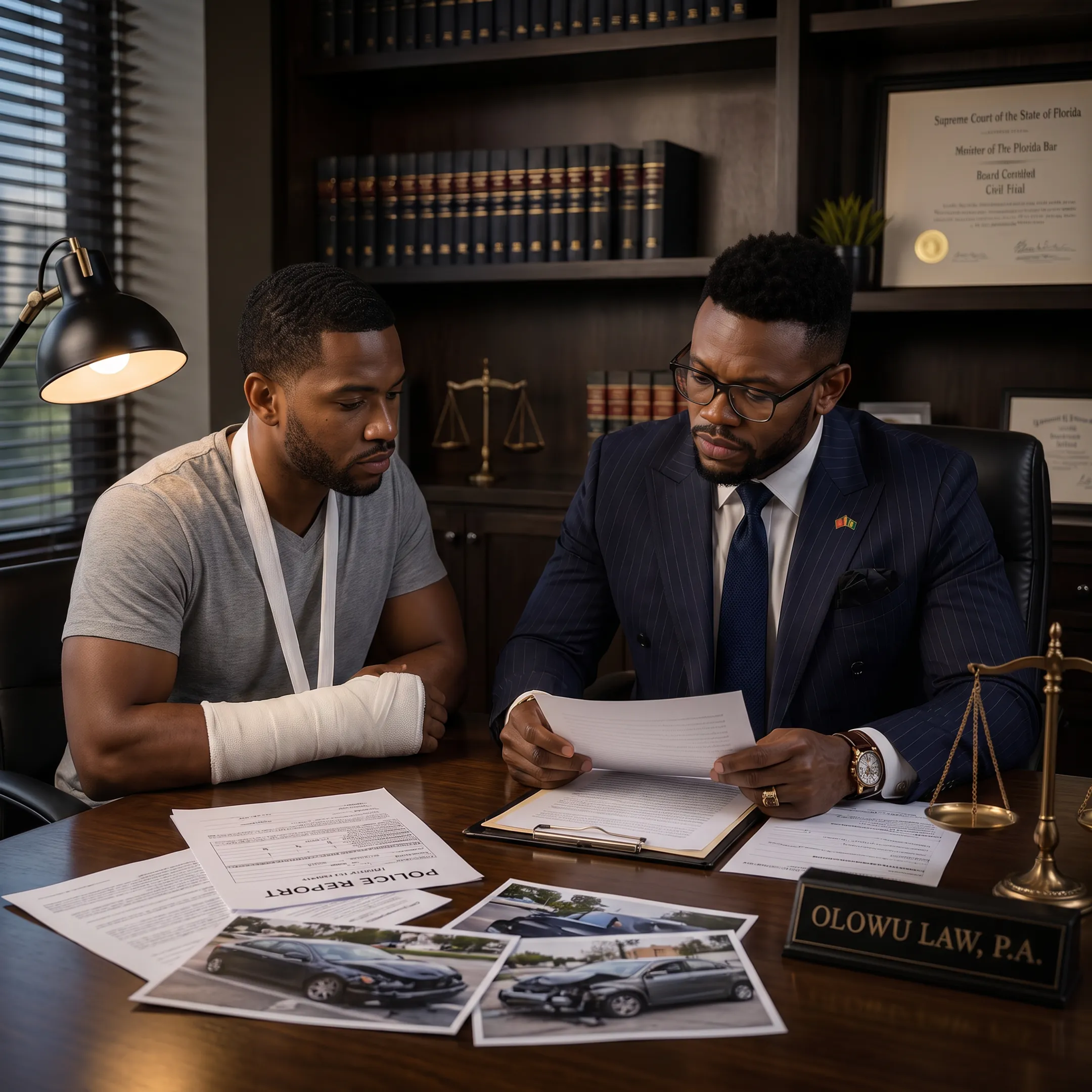 Attorney consulting with an injured car accident client in a Miami Gardens office