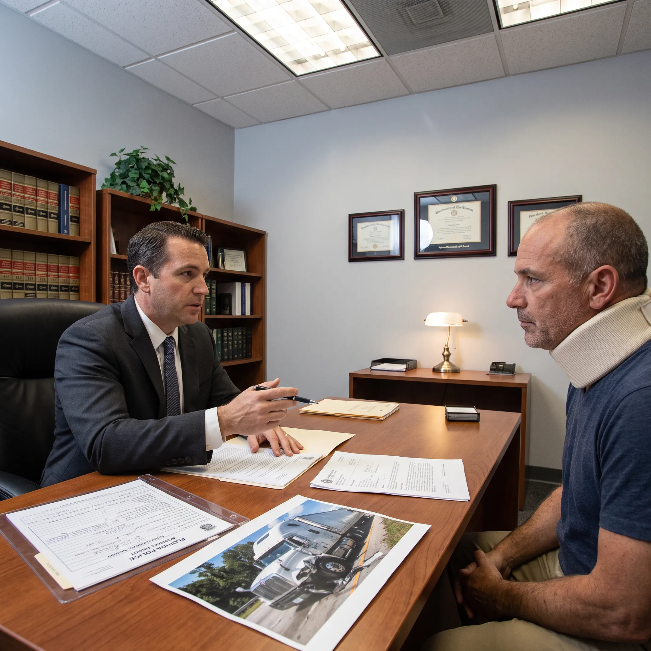 Attorney reviewing a truck accident case with an injured client in a Florida law office