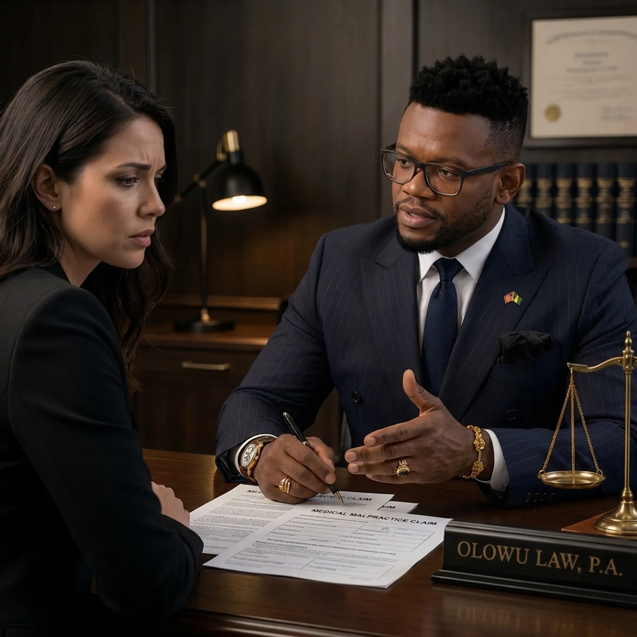 Medical malpractice attorney consulting with a client about healthcare negligence