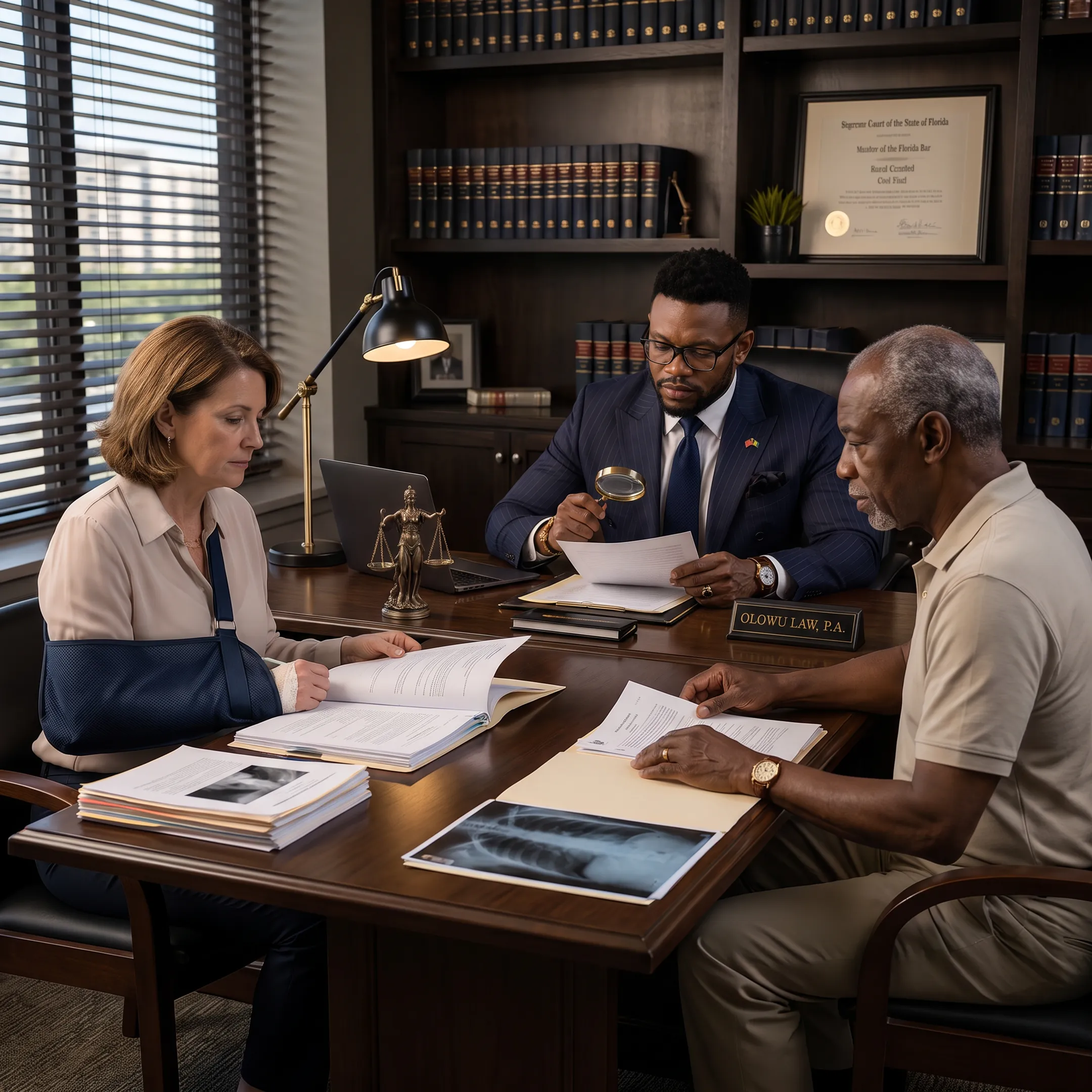 Attorney reviewing medical malpractice documents with a client in a Florida law office