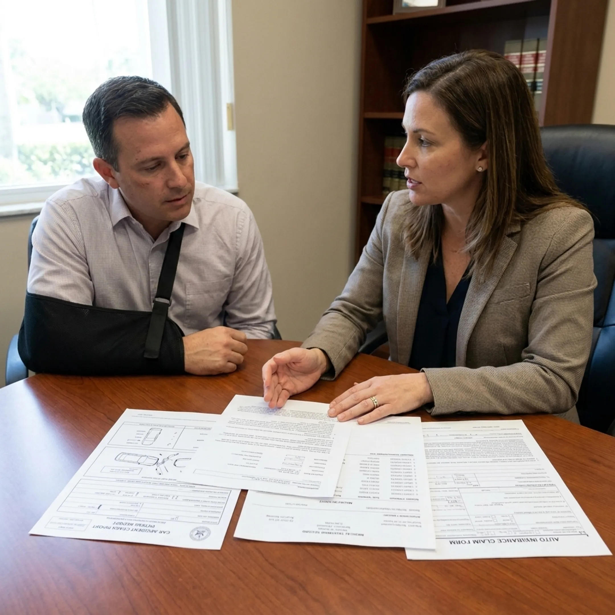 Personal injury attorney reviewing accident documents with a Florida client