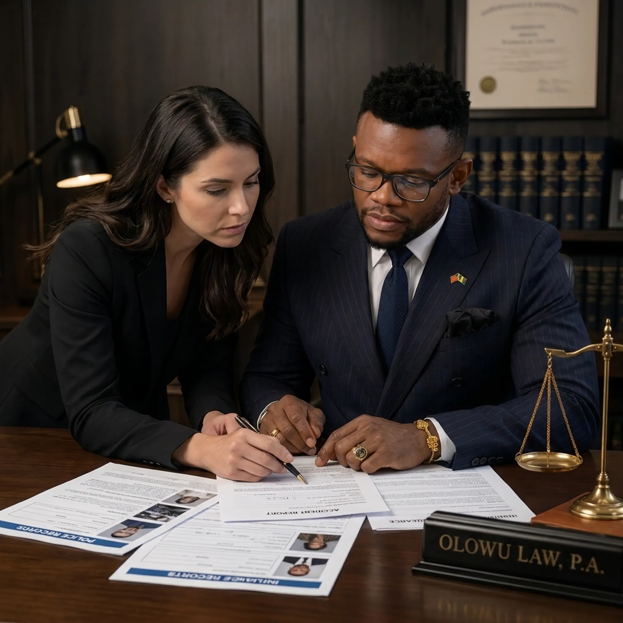 Attorney reviewing personal injury case documents with a client