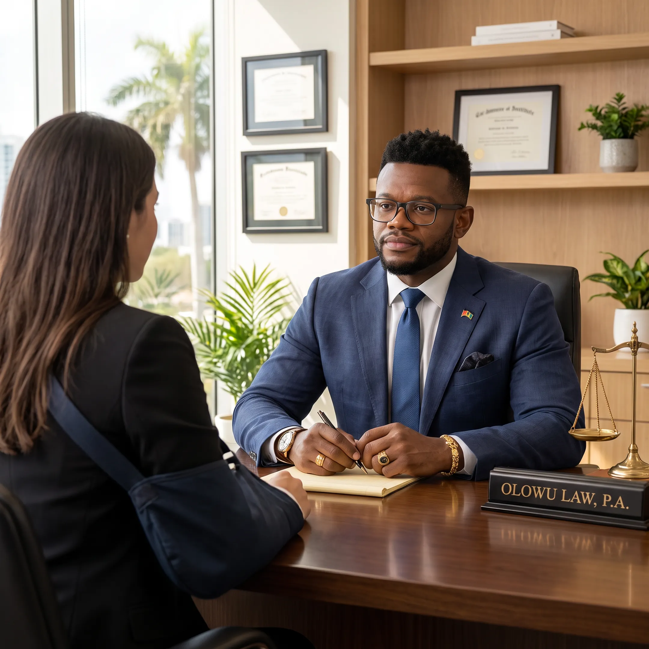 Personal injury attorney meeting with an injured client in a Florida law office