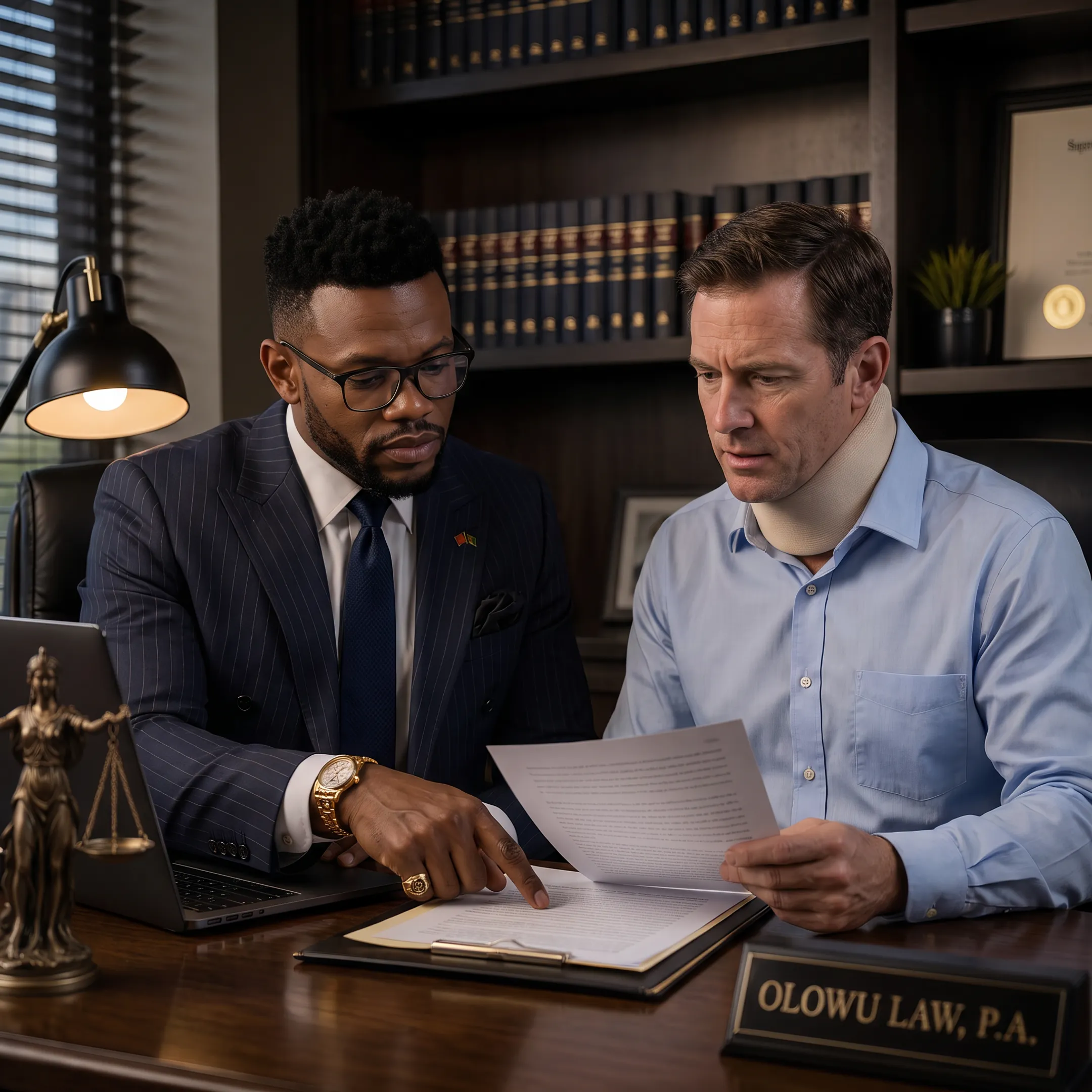 Attorney reviewing a truck accident case with an injured client in a Florida office