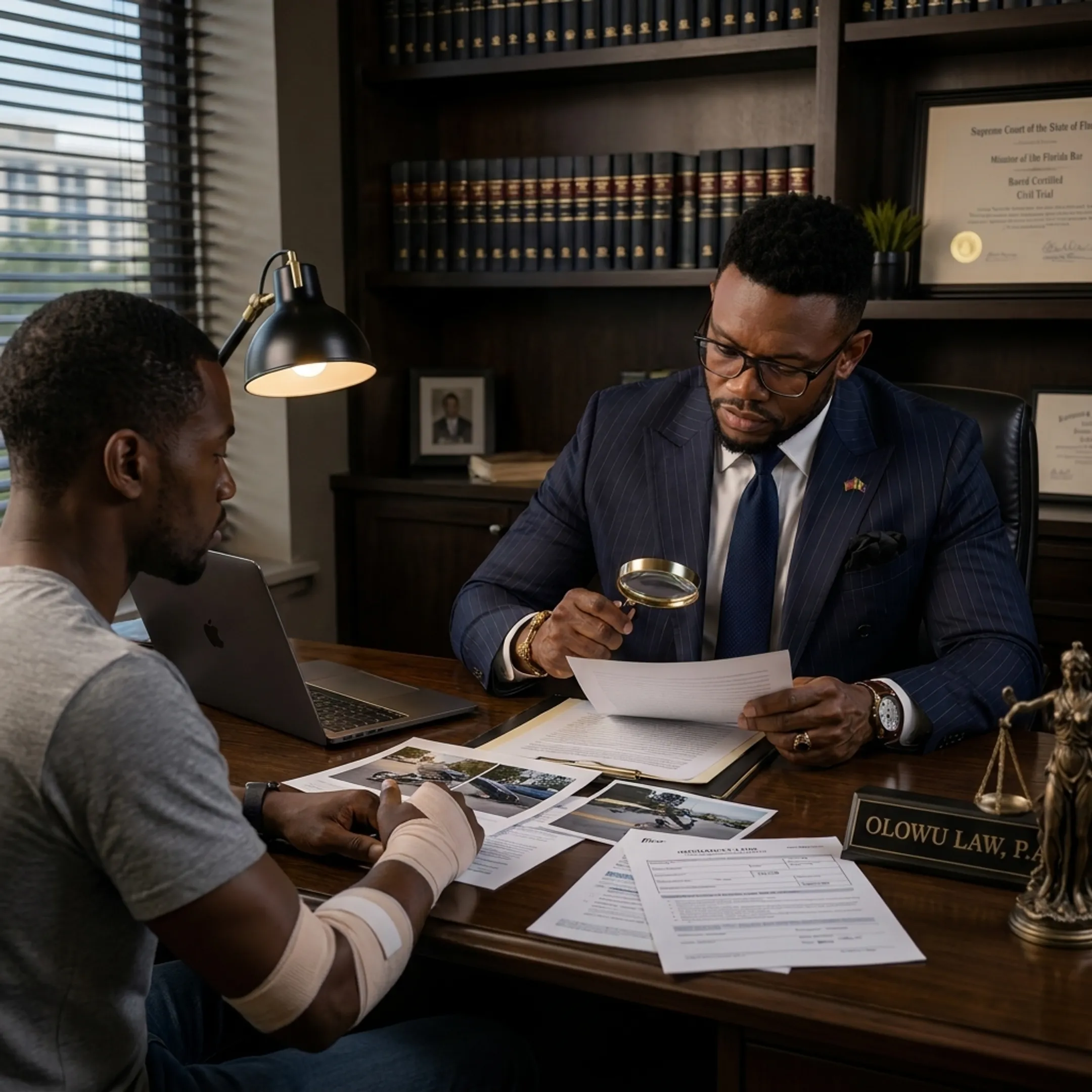 Bicycle accident attorney reviewing a collision claim with an injured cyclist