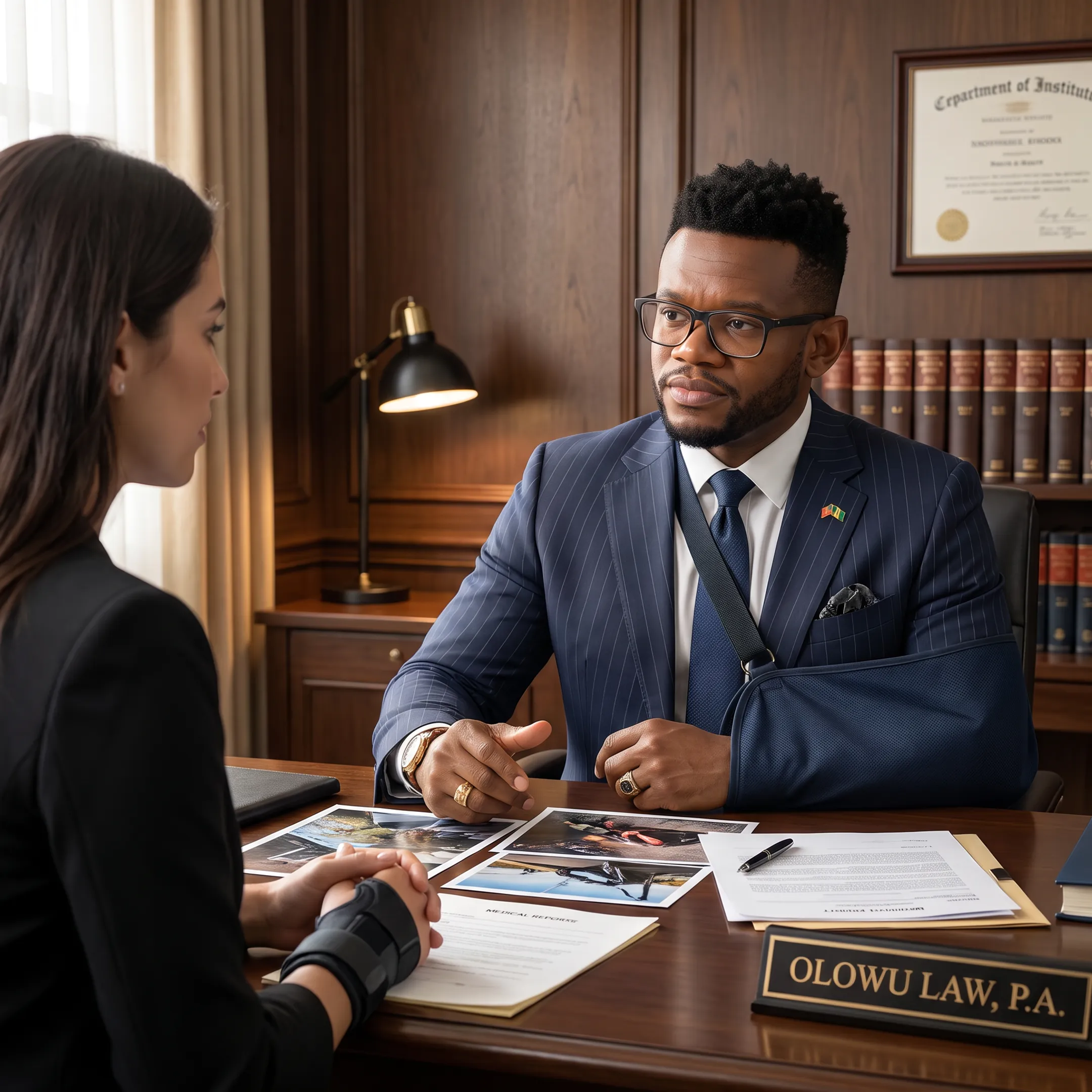 Personal injury attorney consulting with an injured client in a Florida law office