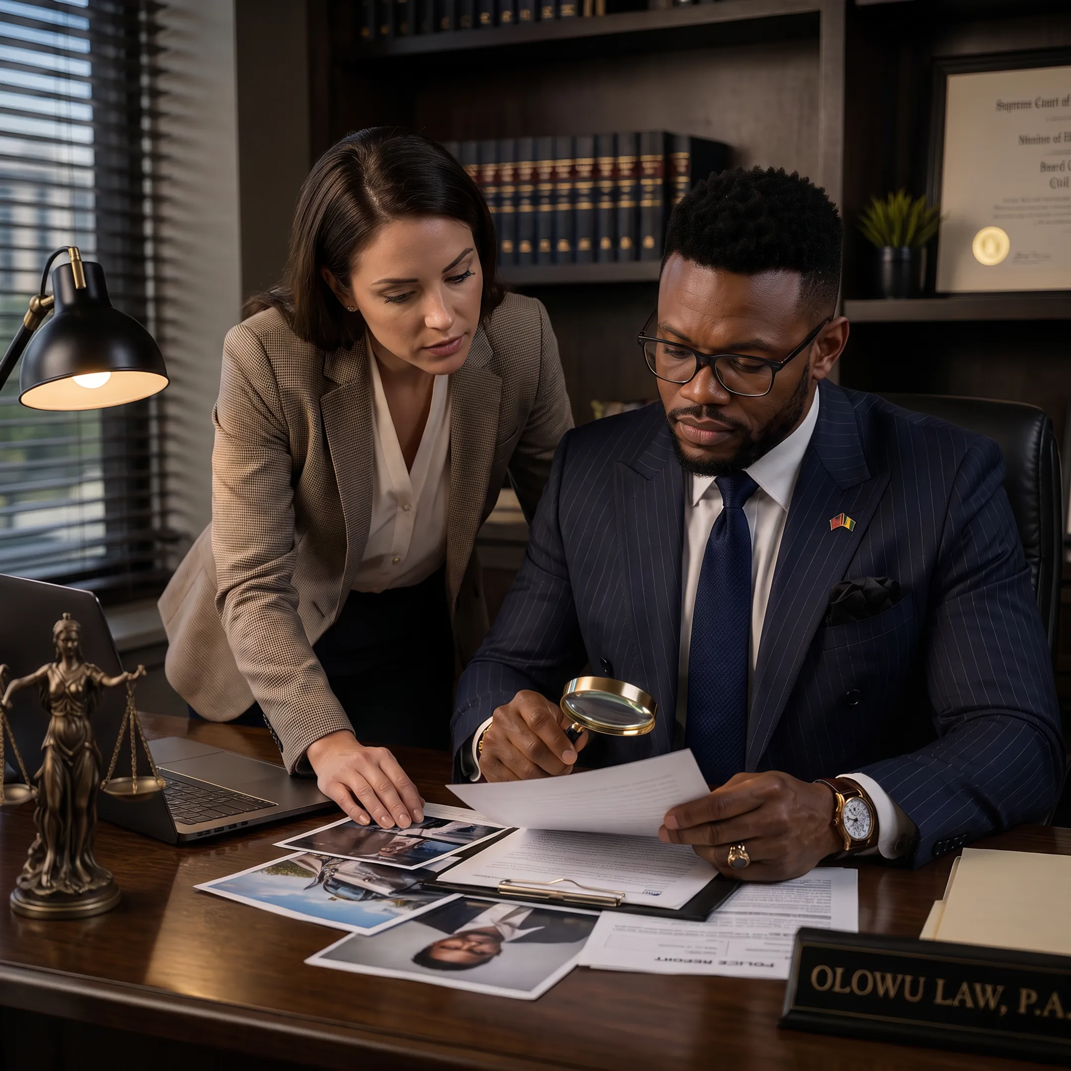 Personal injury attorney meeting with an injured client in a Florida law office