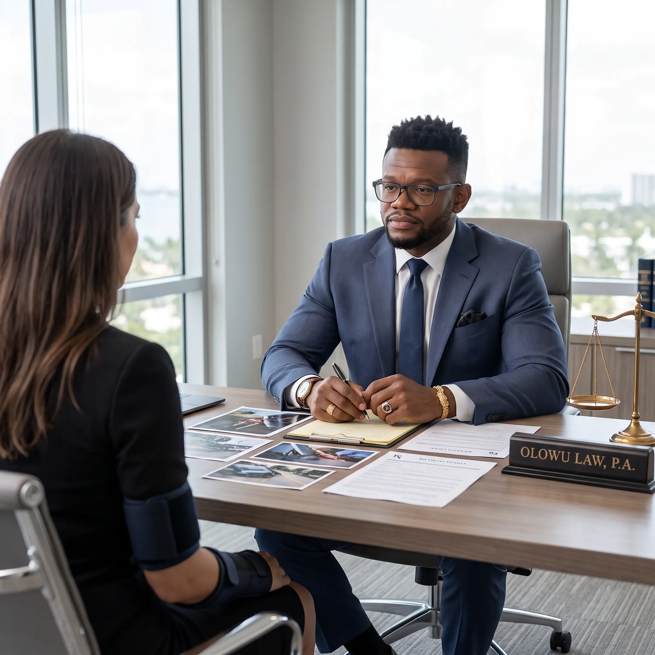 Personal injury attorney consulting with an injured client in a Florida law office