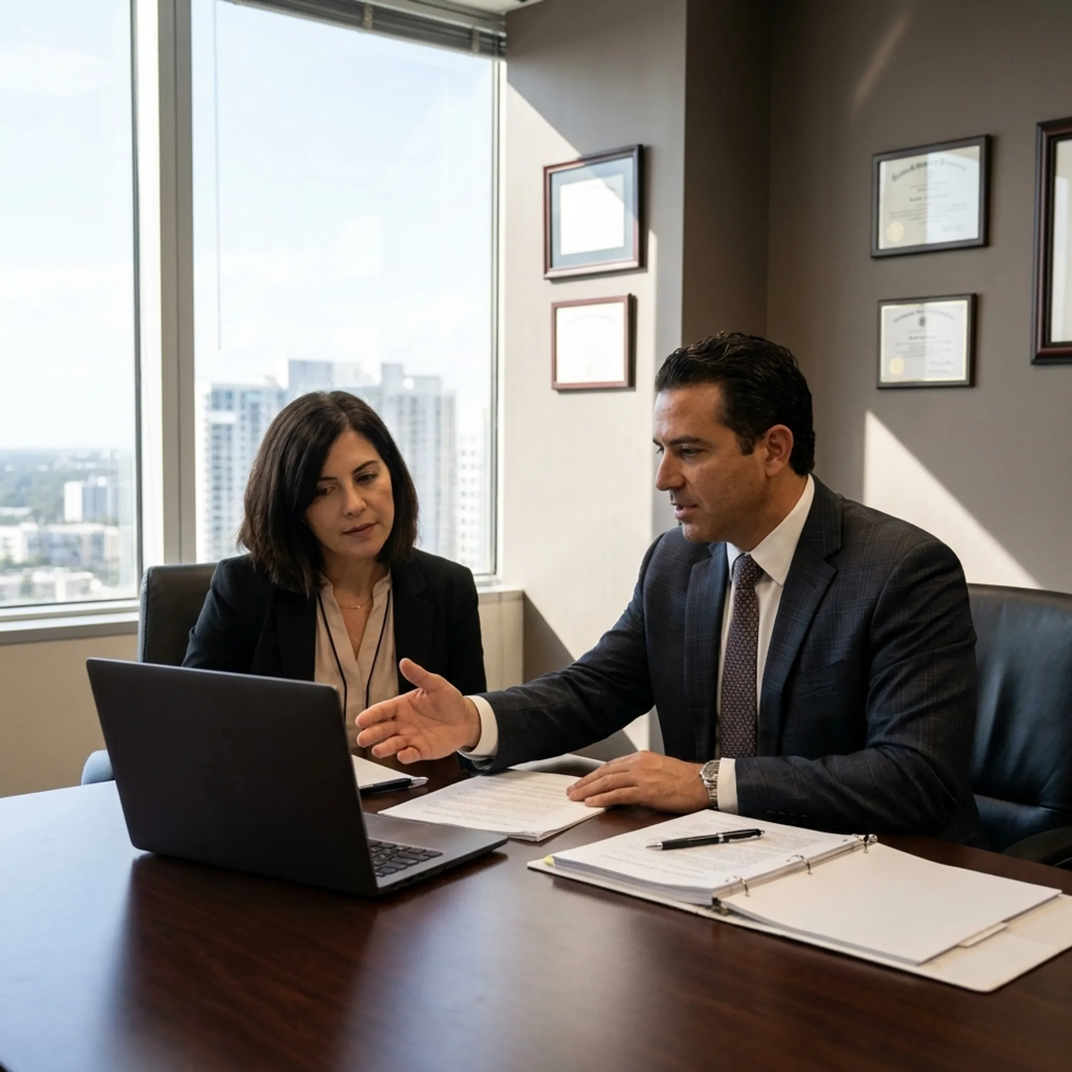 Attorney discussing an injury claim with a client and reviewing legal documents