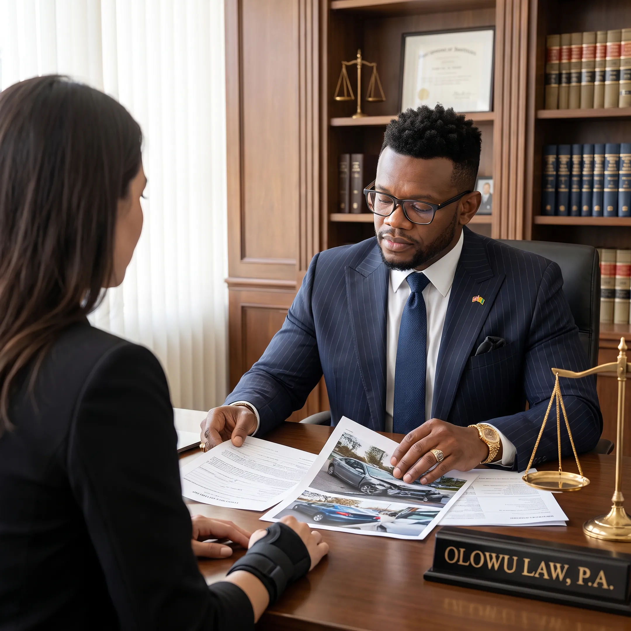Personal injury attorney meeting with an injured client in a Miami law office
