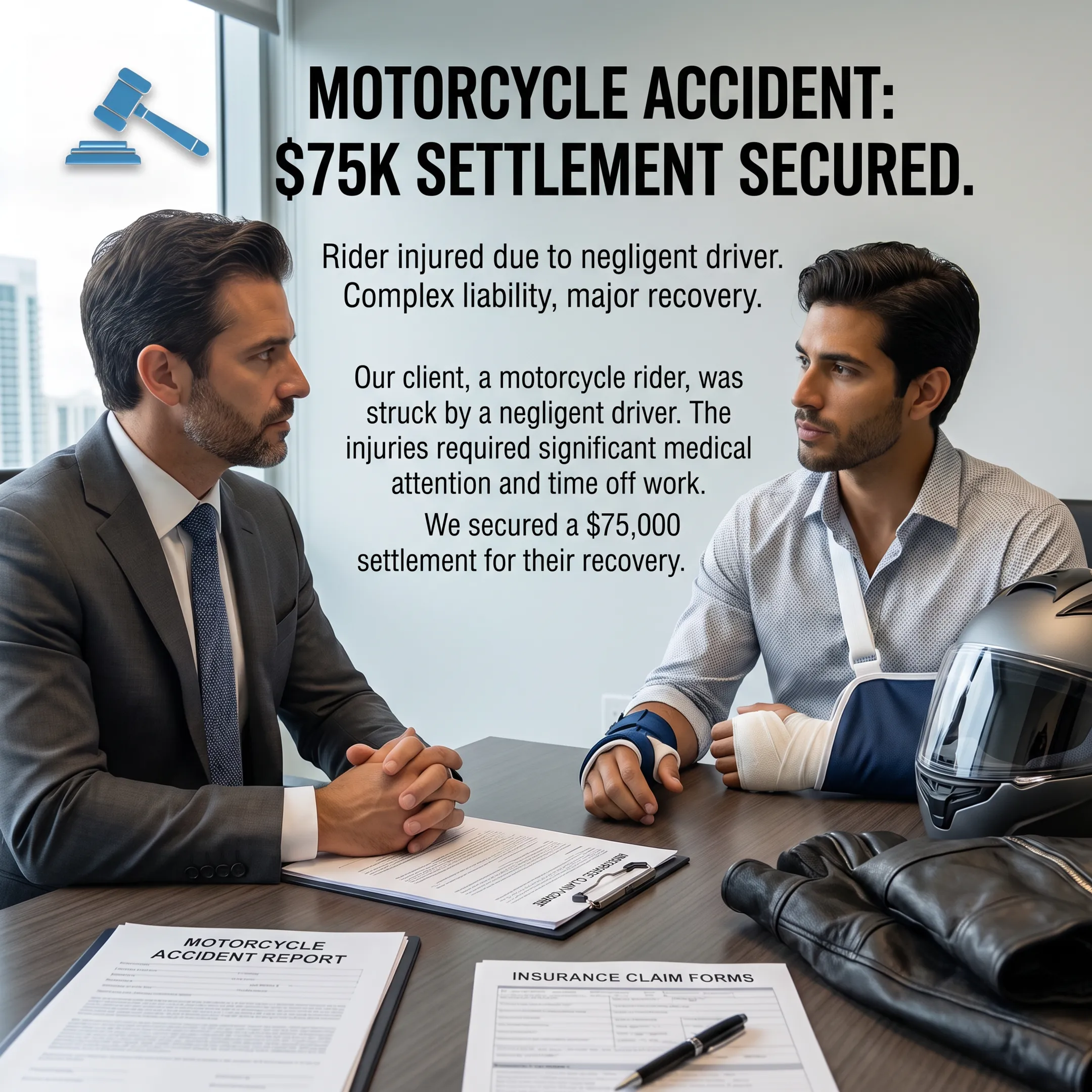 Attorney discussing a motorcycle accident claim with an injured rider