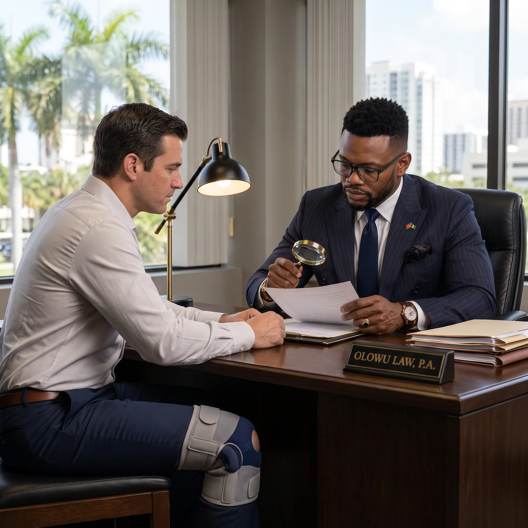 Attorney reviewing slip and fall claim documents with an injured Florida client