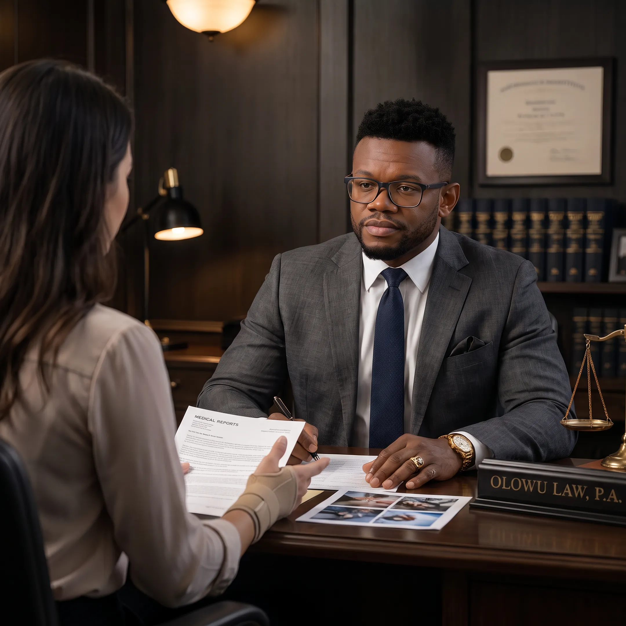 Personal injury attorney meeting with an injured client in a Florida law office