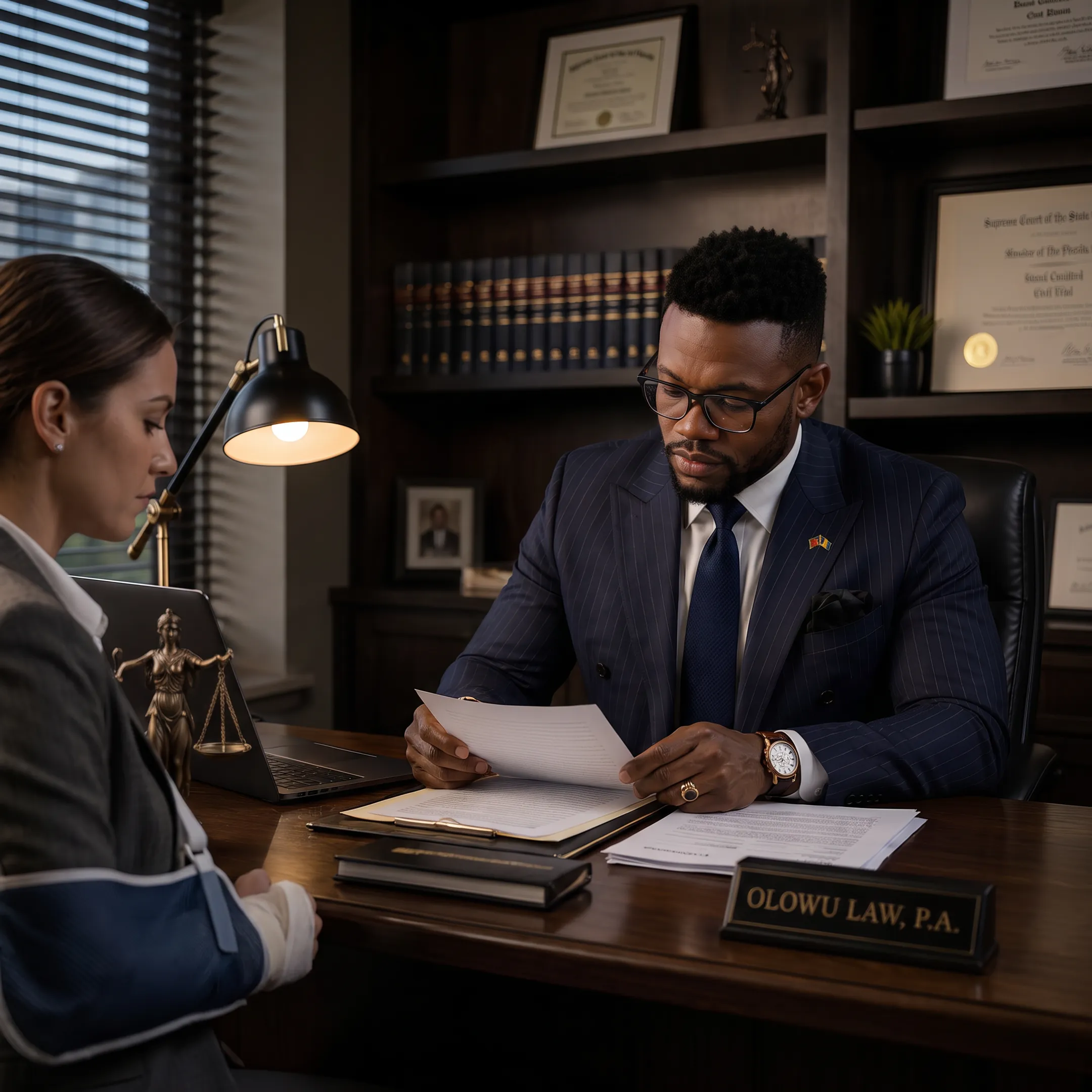 Attorney reviewing medical malpractice case documents with client in a Fort Lauderdale law office