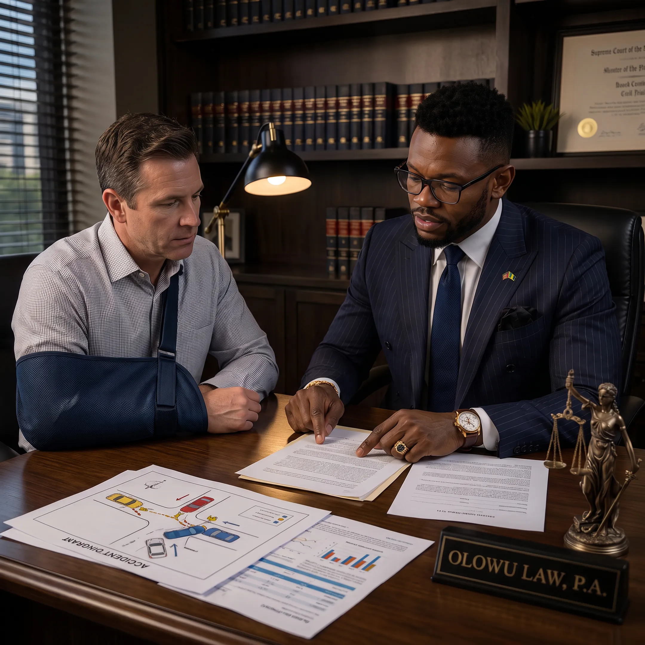 Personal injury attorney consulting with an accident victim in a Miami Shores office