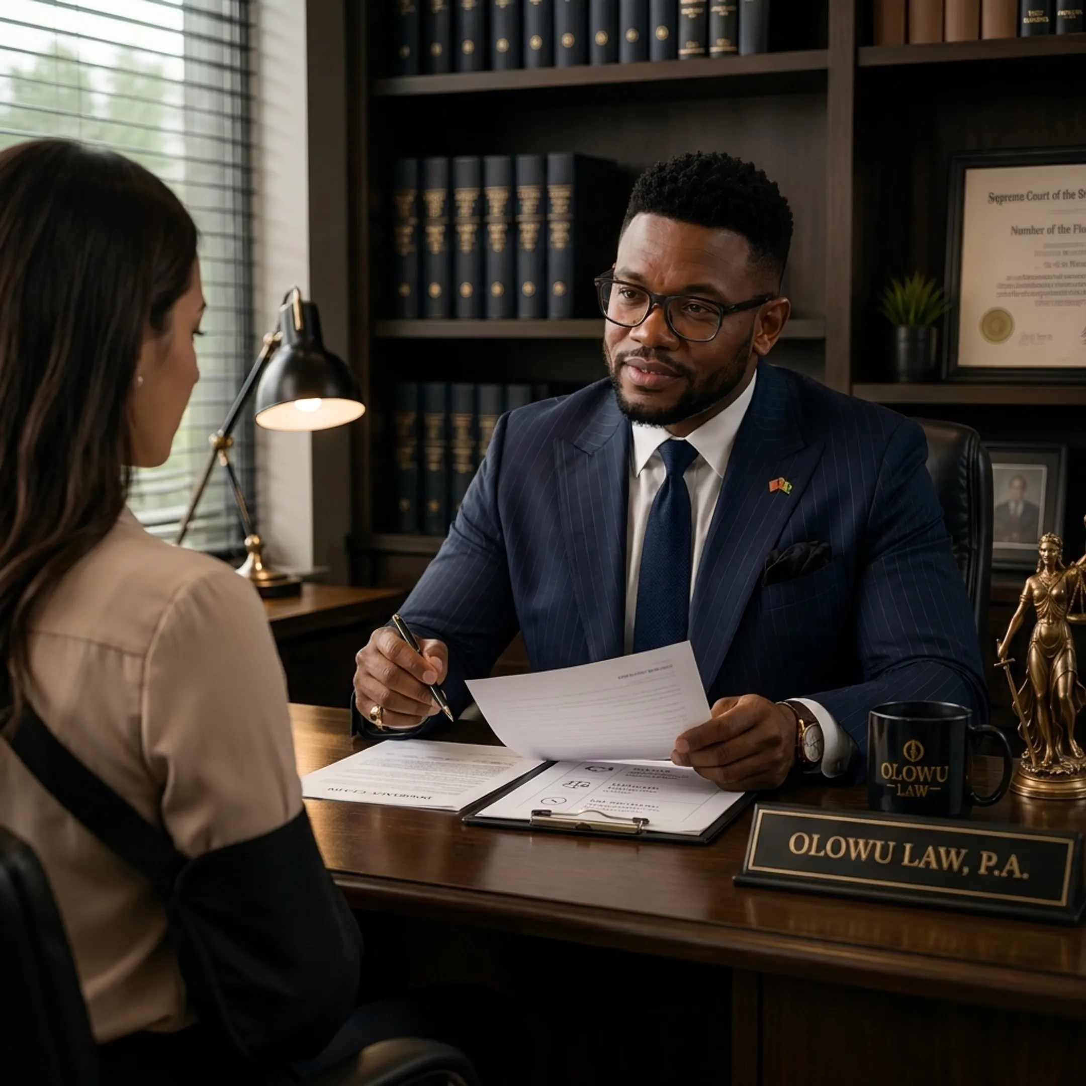 Personal injury attorney discussing accident claim documents with a client
