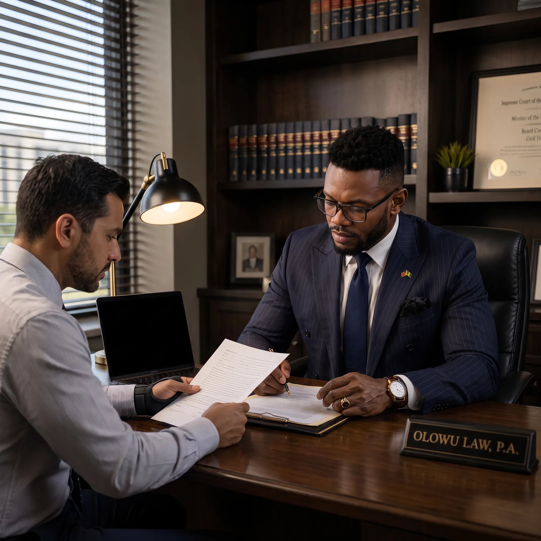 Attorney reviewing a car accident injury case with a client in a Fort Lauderdale law office