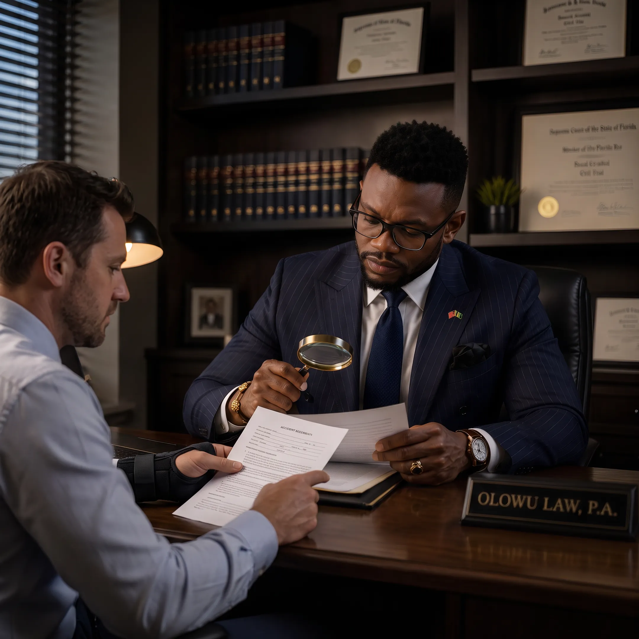 Personal injury attorney meeting with an injured client in a Coral Gables law office