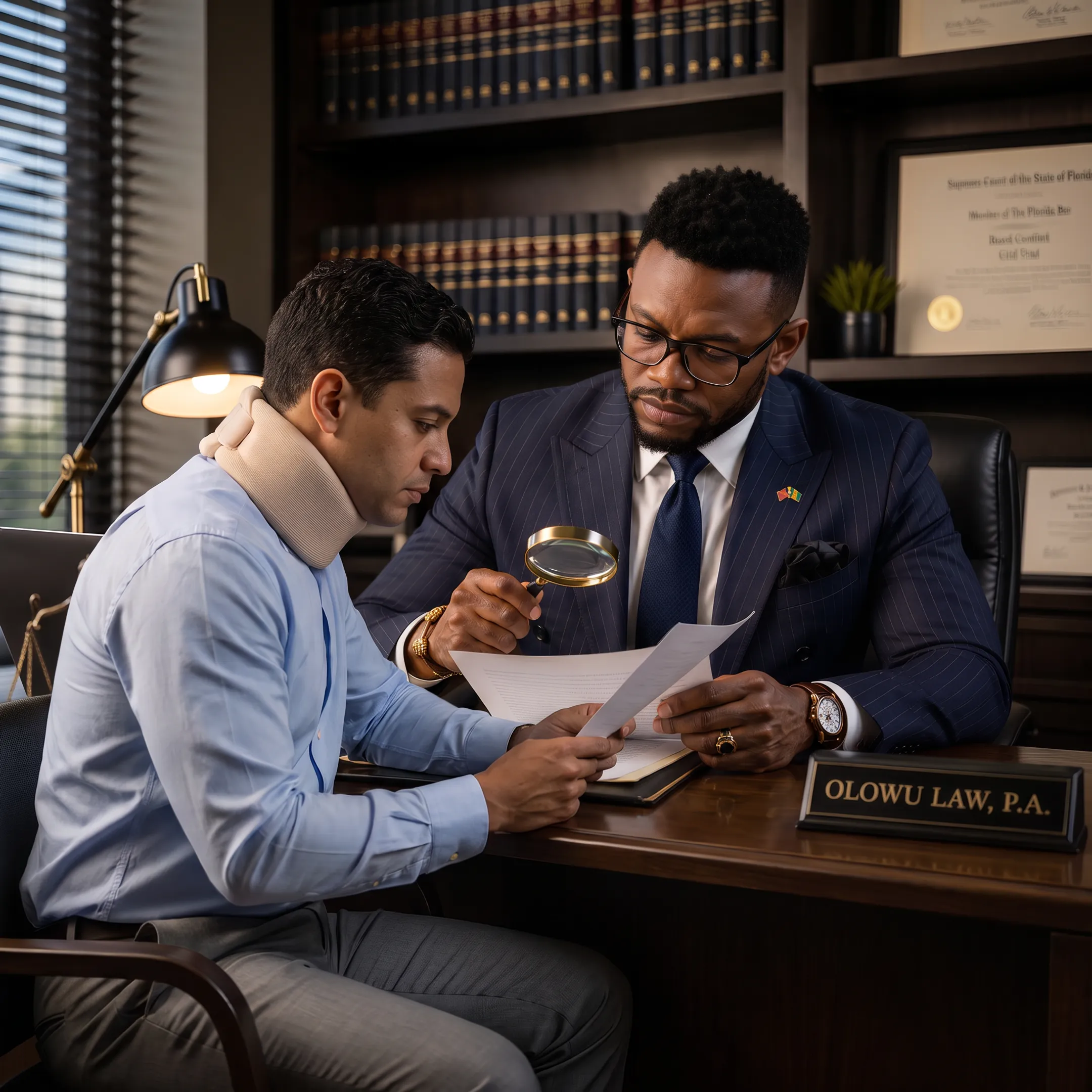 Attorney reviewing a car accident case with an injured client