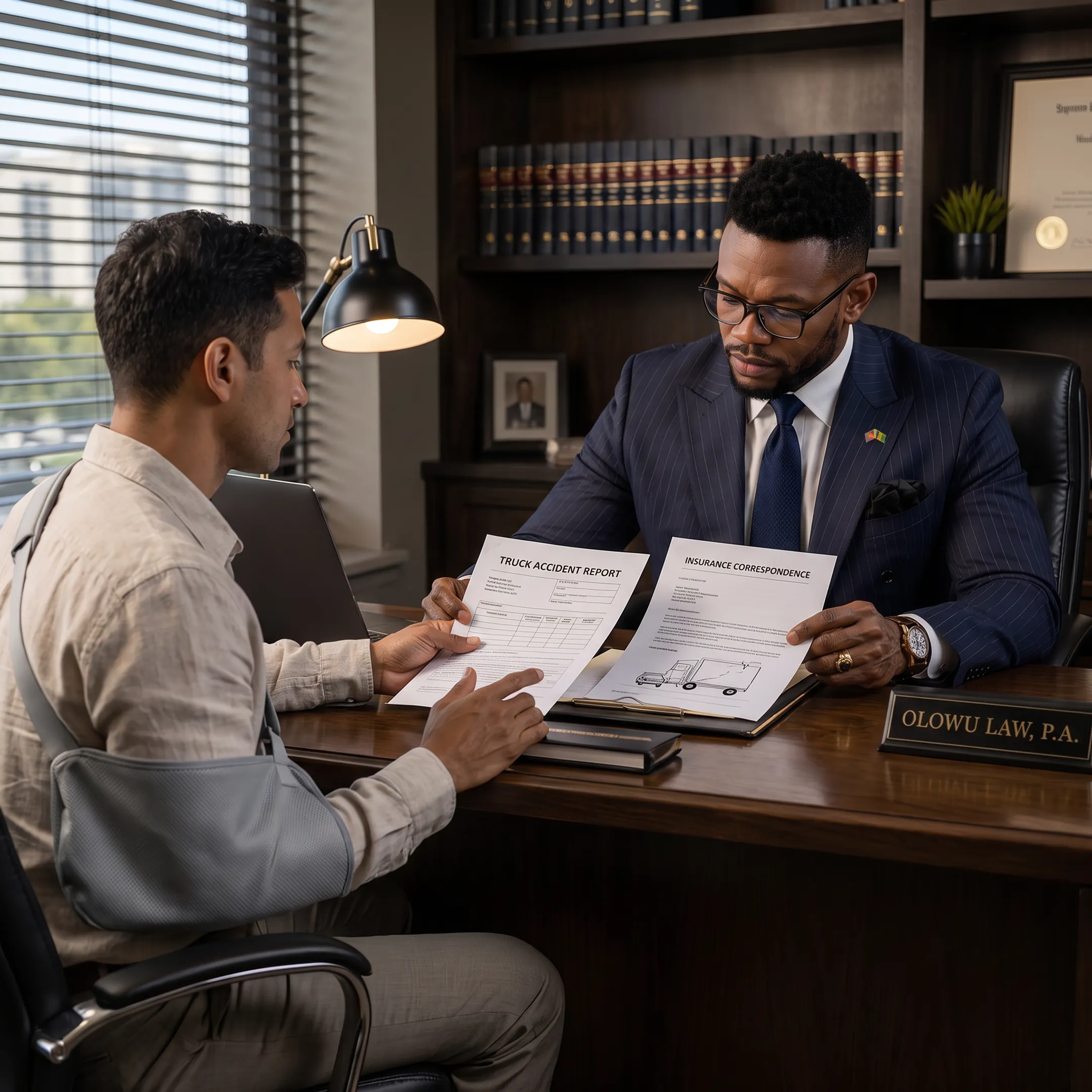 Attorney discussing a Florida truck accident claim with an injured client