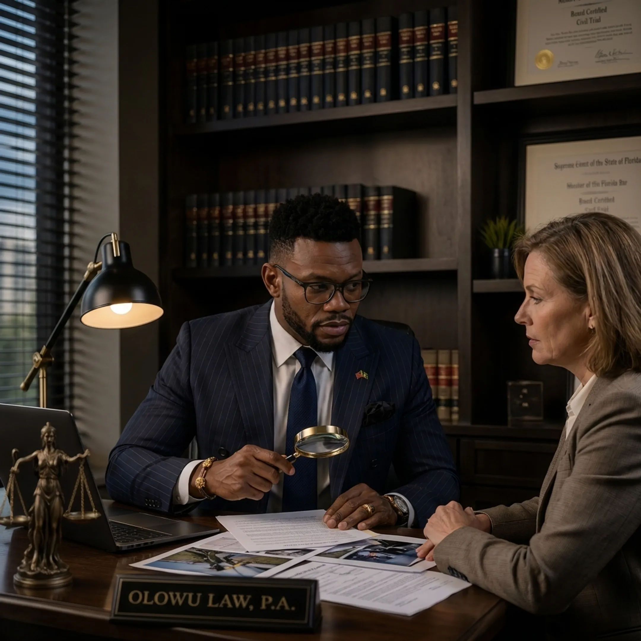 Personal injury attorney reviewing accident case documents with an injured client