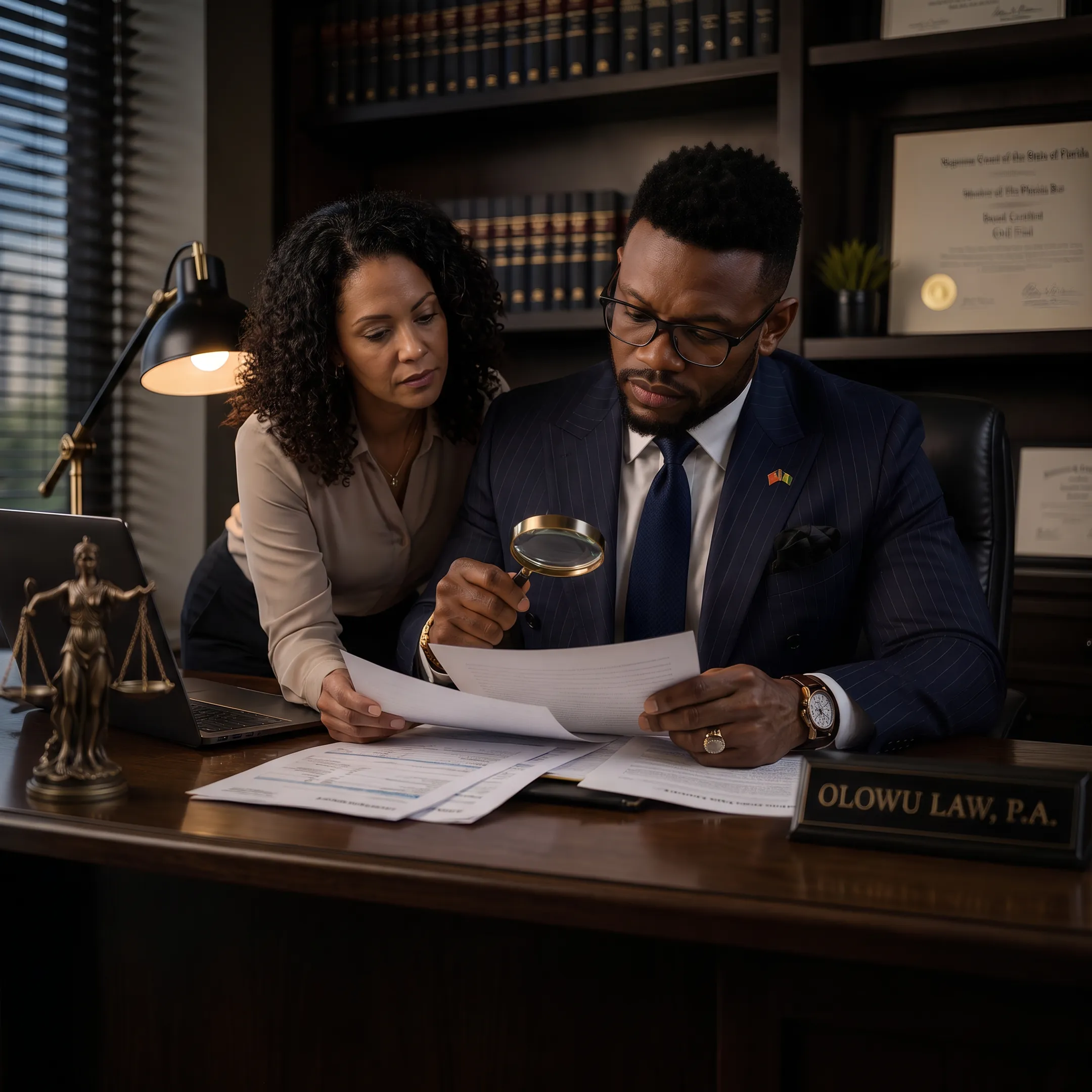 Attorney discussing an accident injury claim with a client in a Florida law office