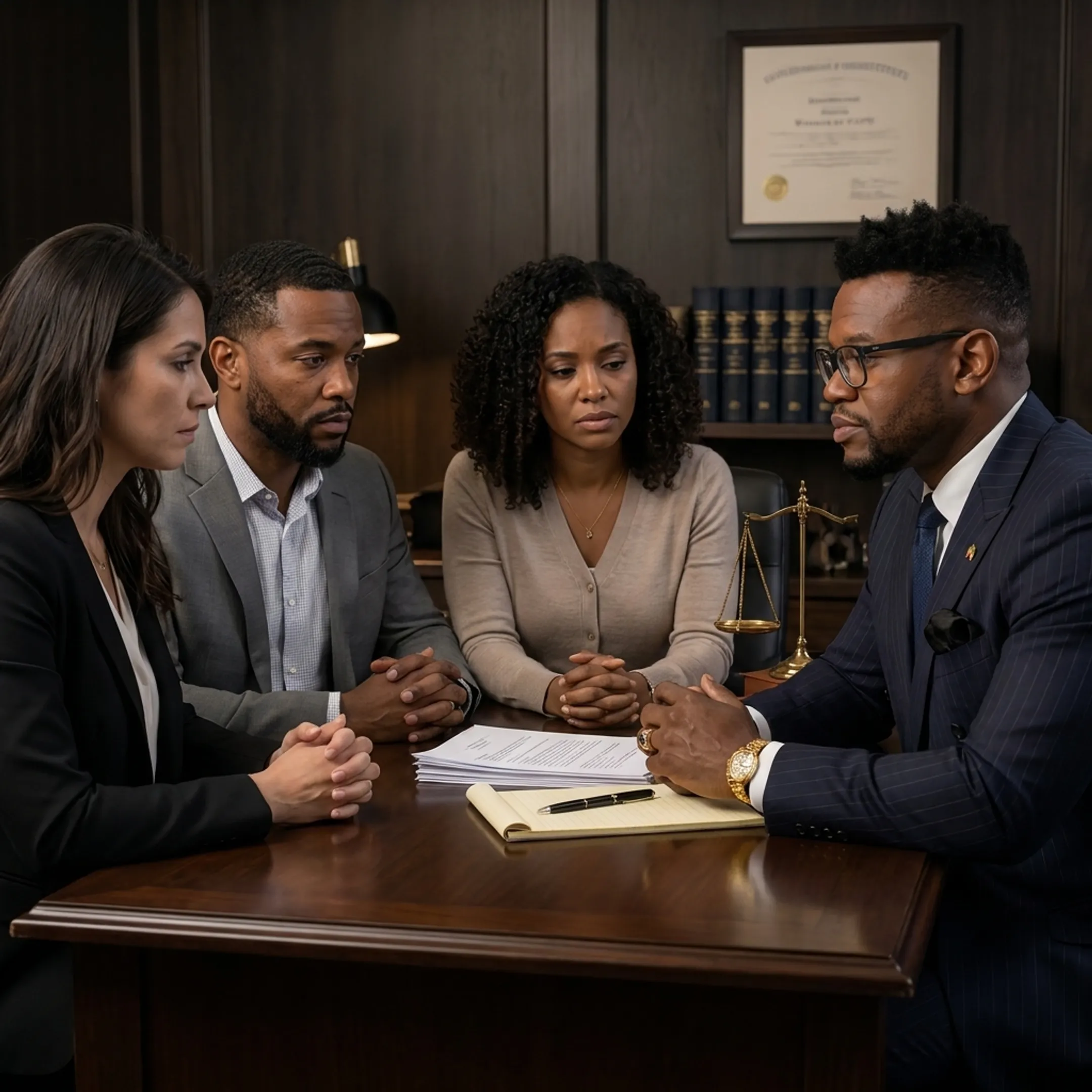 Wrongful death attorney consulting with family members in a Florida office