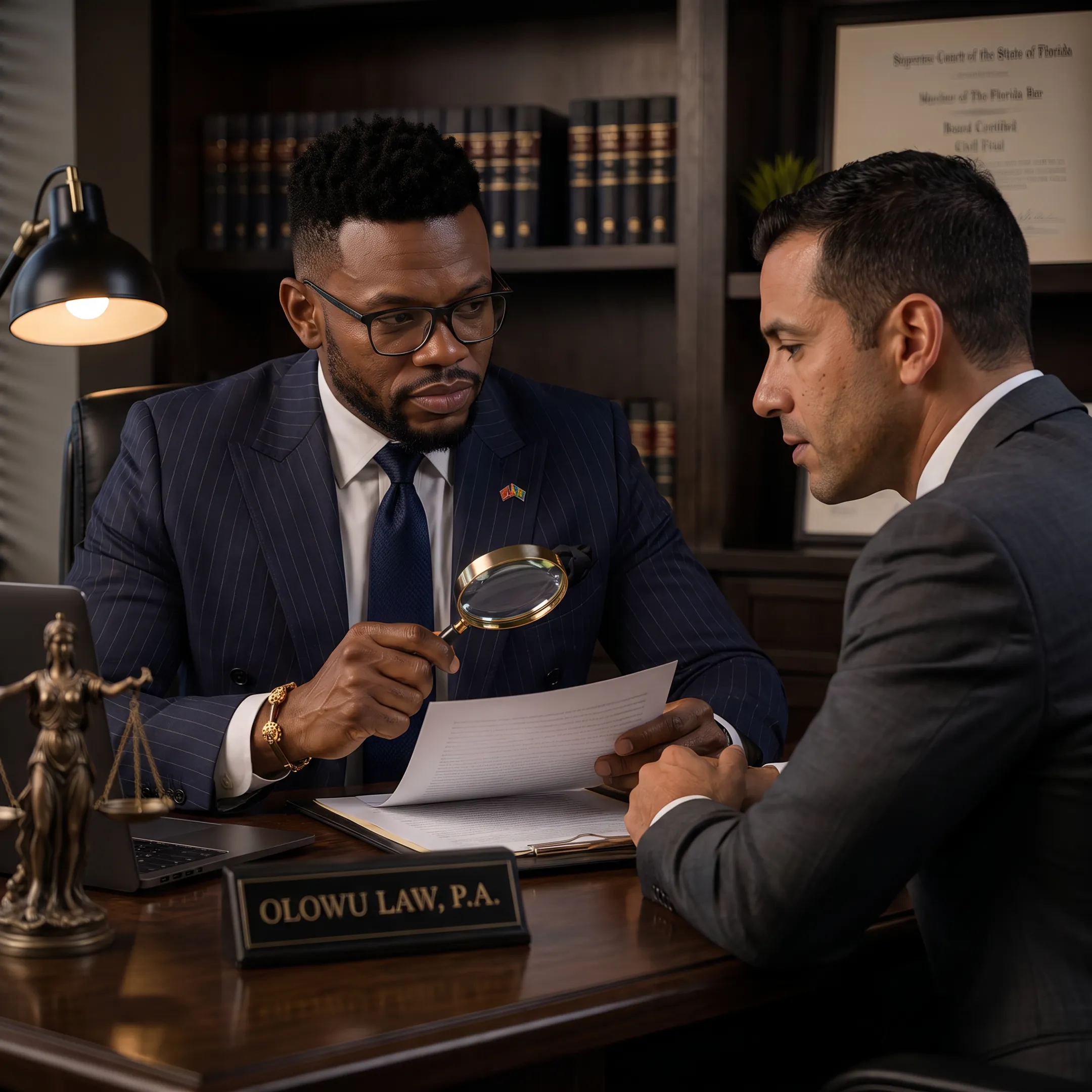 Criminal defense attorney reviewing case documents with client in a Florida law office