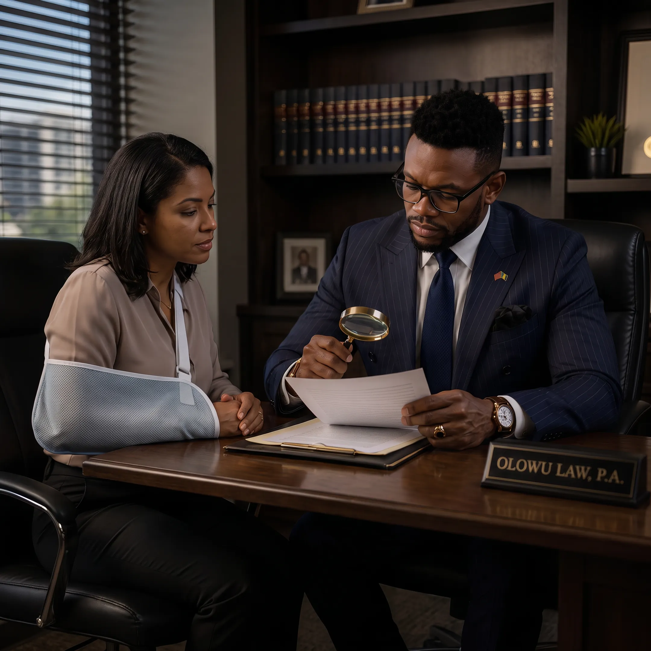Personal injury attorney consulting with an injured client in a Florida law office
