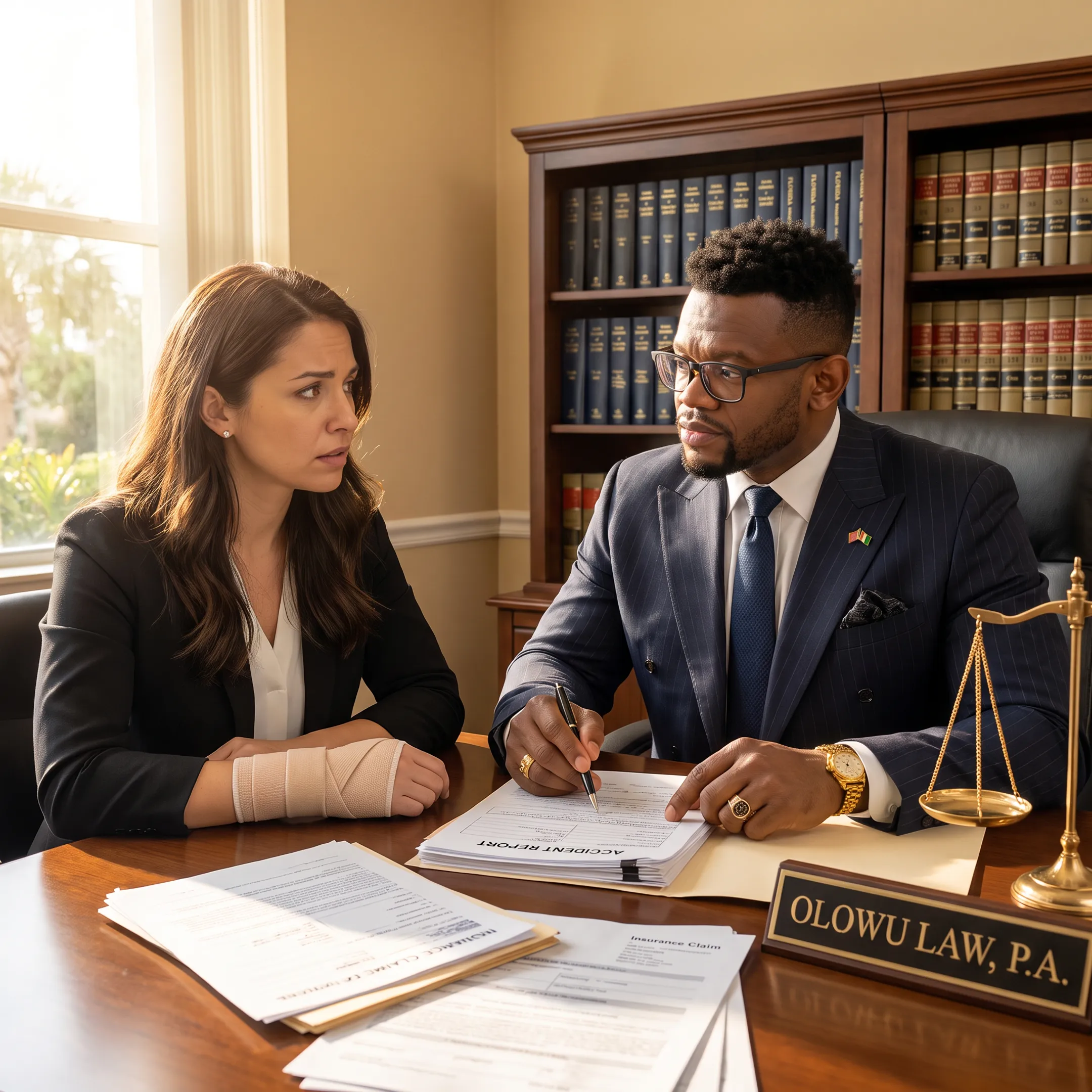 Personal injury attorney consulting with an injured client in a Florida law office