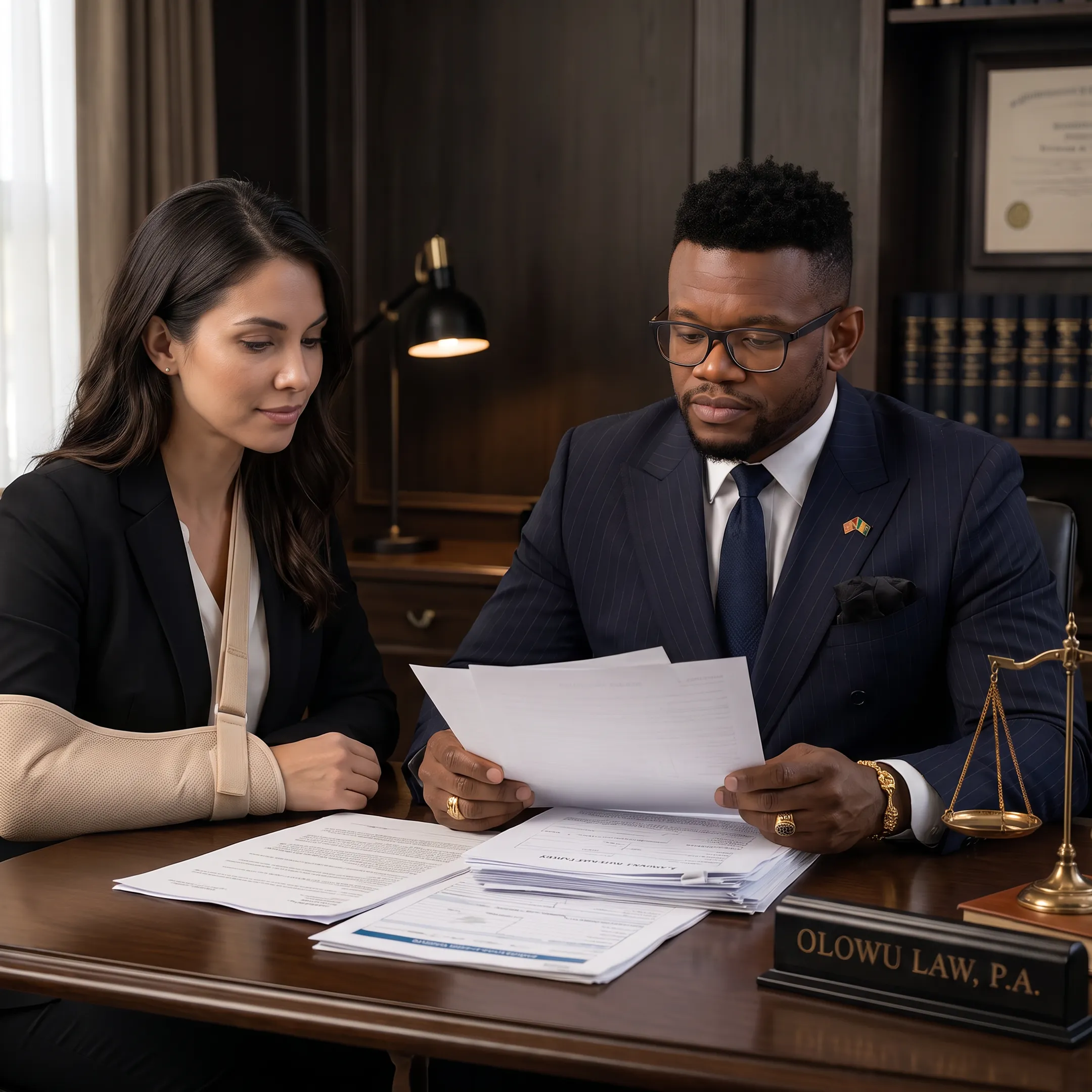 Personal injury attorney meeting with an injured client in a Florida law office